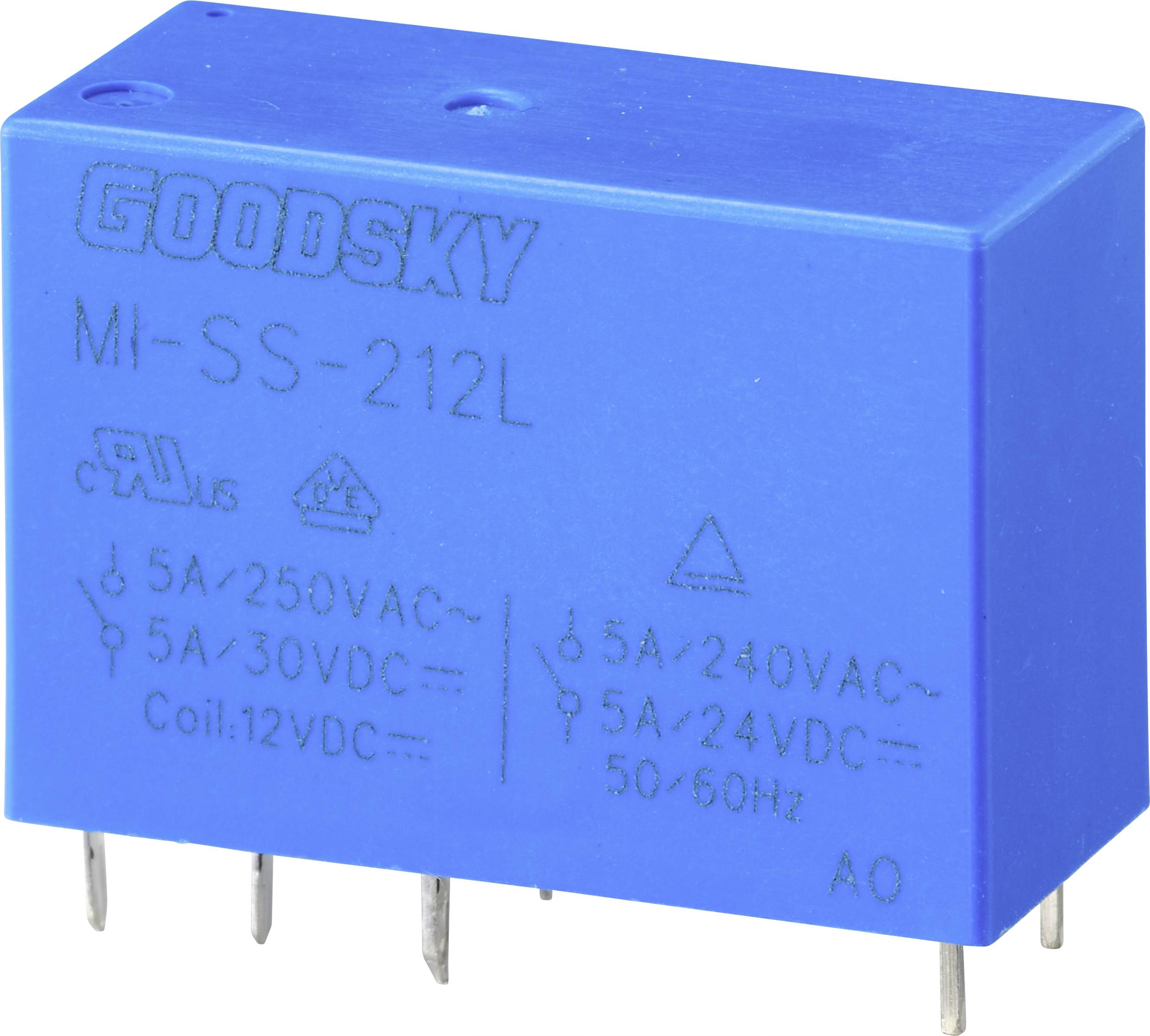 Ein blaues Relais mit Aufschrift 'GOODSKY MI-SS-212L', zeigt technische Spezifikationen: 5A/250VAC, 5A/30VDC, Coil 12VDC.