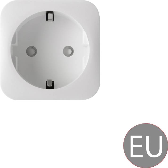 Weiße EU-Steckdose vor einem weißen Hintergrund, unten rechts mit einem Kreis und den Buchstaben 'EU' markiert.