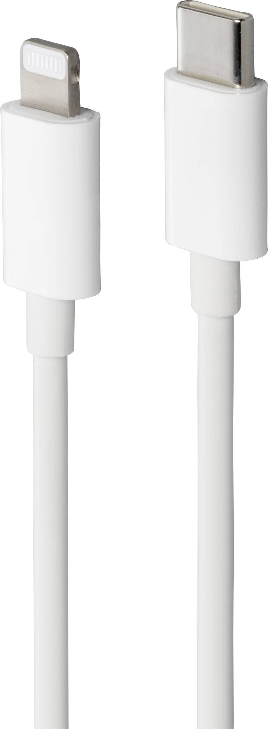 Weißes Kabel mit Lightning- und USB-C-Anschluss, geeignet zum Laden und Synchronisieren von Geräten.