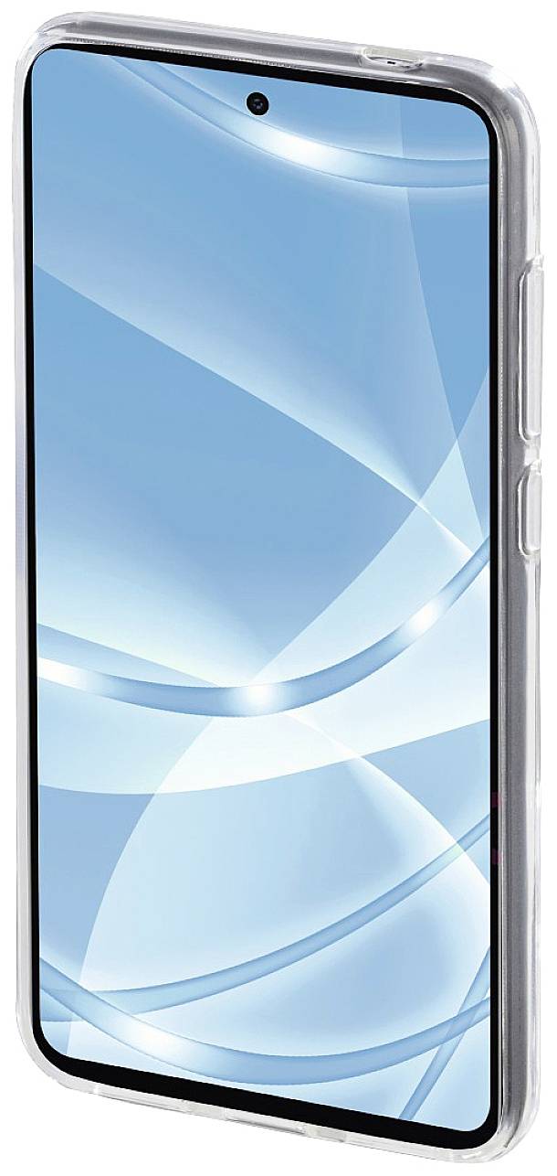 Smartphone mit blauem Bildschirm, einfache Benutzeroberfläche sichtbar, seitliches transparentes Gehäuse.