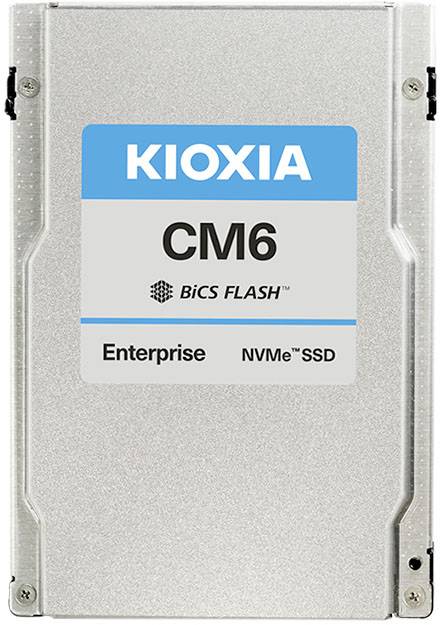 Festplattenlaufwerk von Kioxia, Modell CM6, mit Beschriftung 'BiCS FLASH Enterprise NVMe SSD' auf dem Gehäuse.