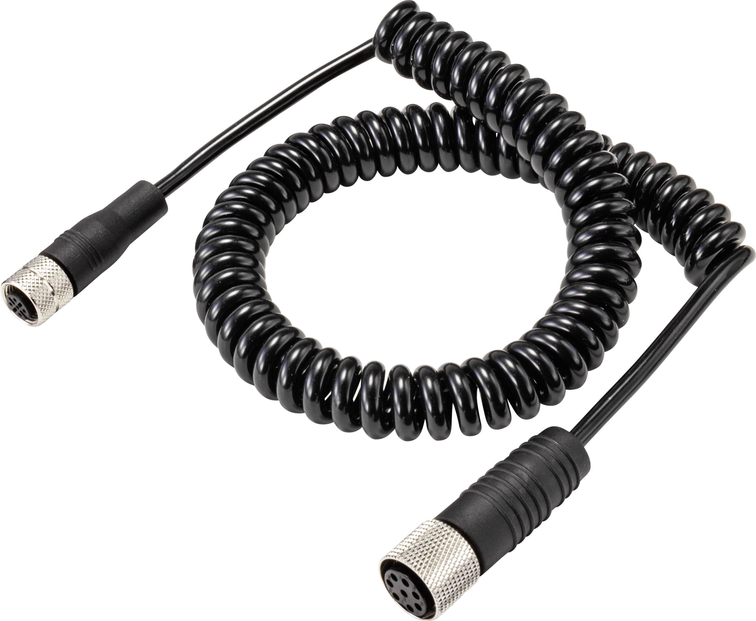 Schwarzes, spiralförmiges Verbindungskabel mit Metallsteckern an beiden Enden; geeignet für Ton- oder elektronische Geräte.