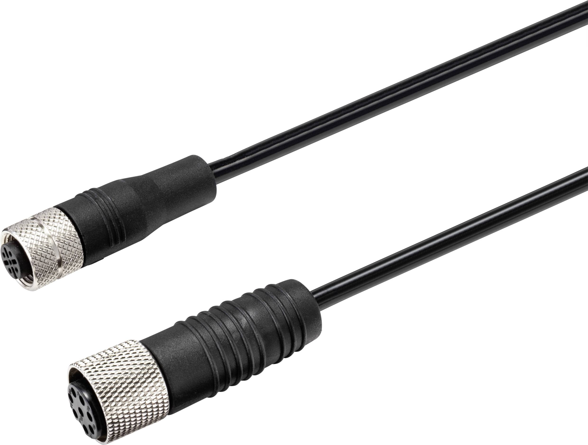 Ein schwarzes Kabel mit zwei Steckern an den Enden, einem männlichen und einem weiblichen, geeignet für technische Verbindungen.