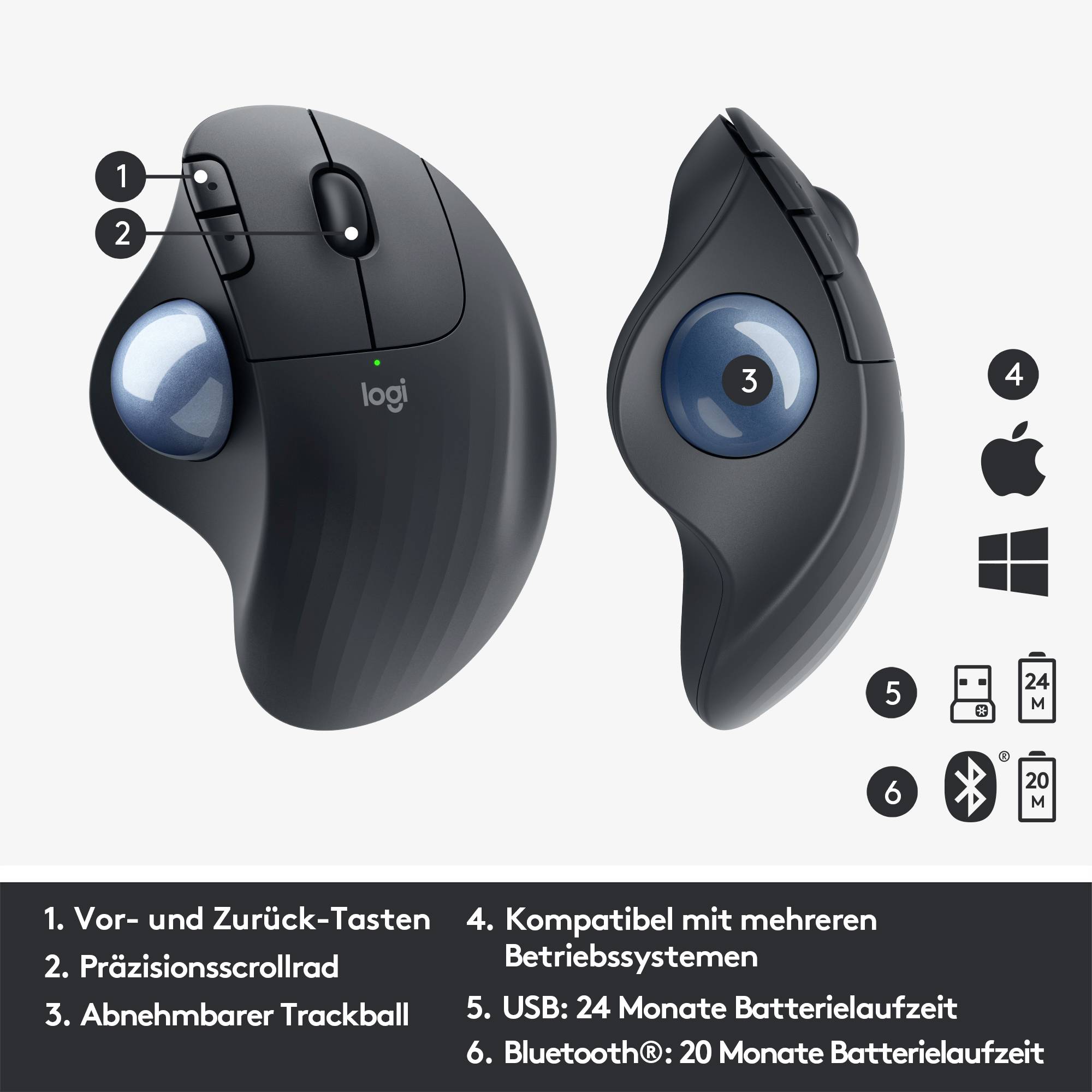 Logitech ERGO M575 Trackball Funk Optisch Schwarz 5 Tasten 2000 dpi Ergonomisch