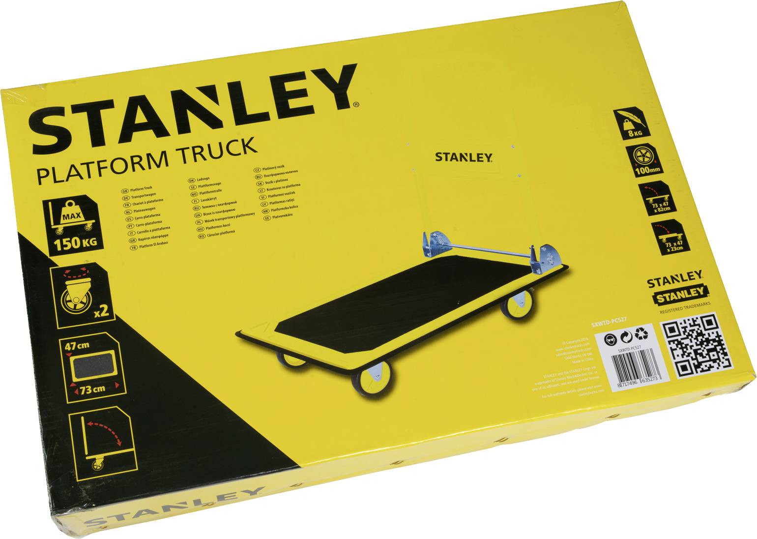 Verpackung eines gelben Stanley Plattformwagens, zeigt Bild des Wagens, Kapazität 150 kg, Maße 73 cm Länge, 47 cm Breite.