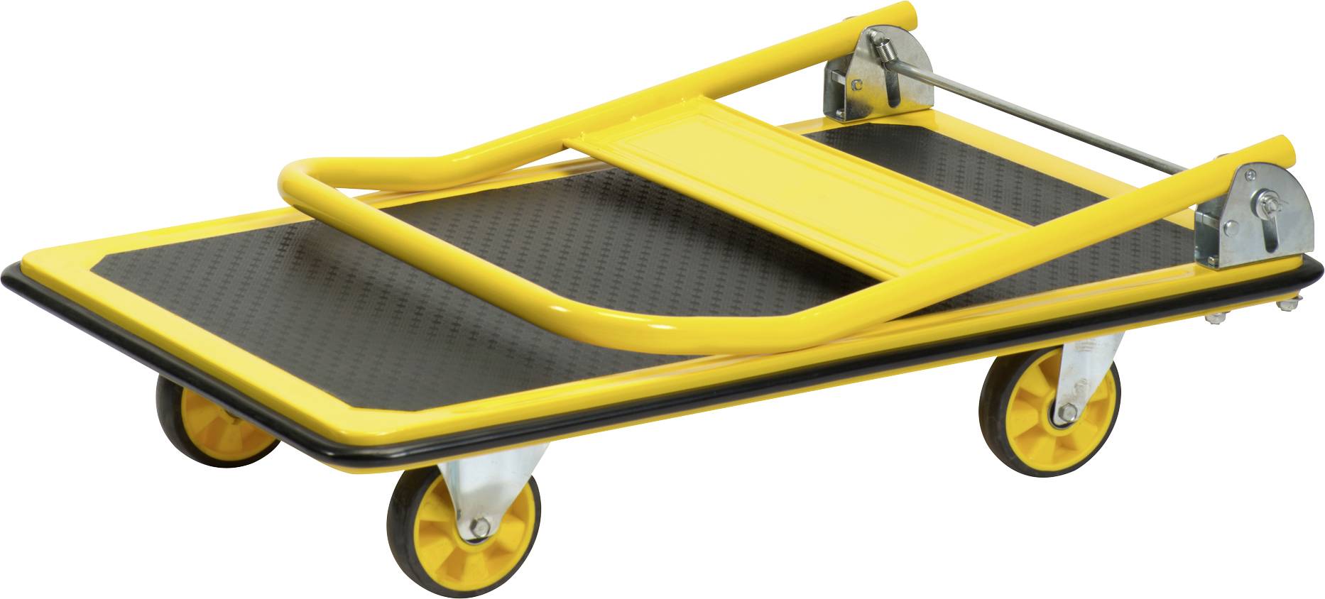 Gelber, zusammenklappbarer Transportwagen mit vier Rädern, geeignet zum Bewegen von schweren Lasten in Lagern oder Büros.