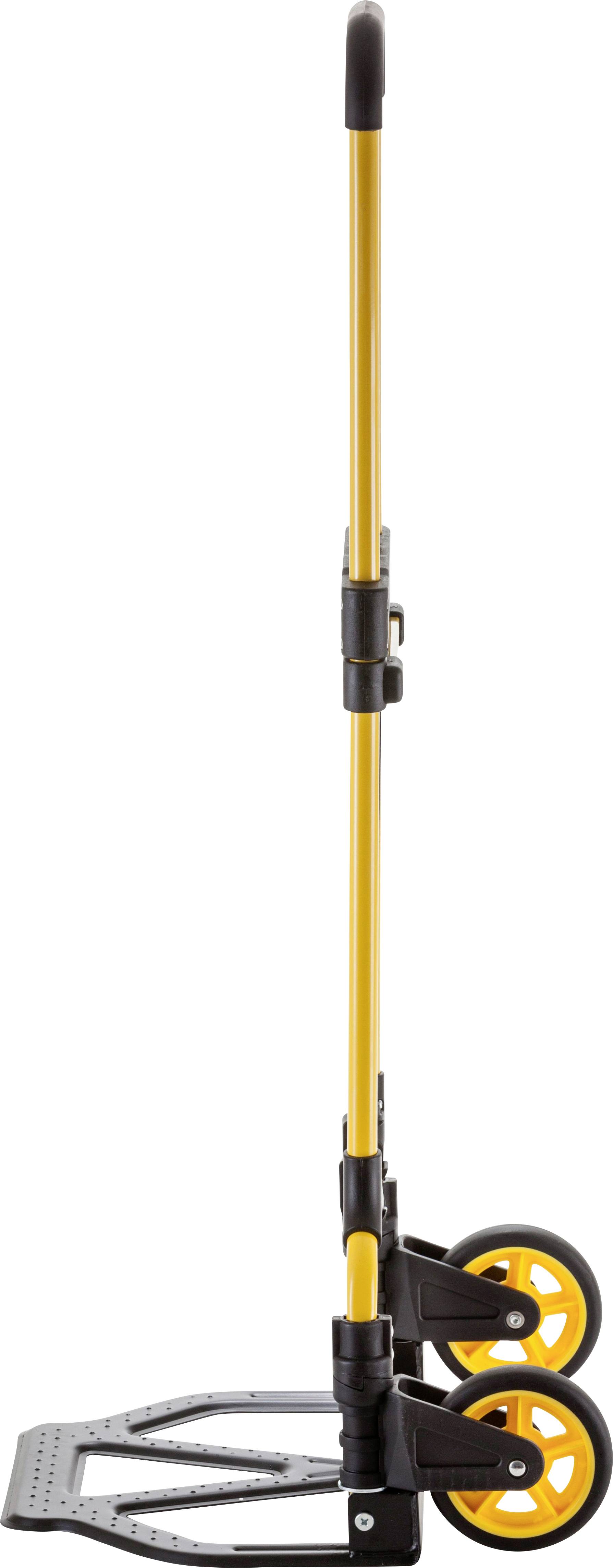 Seitenansicht eines gelben Transportwagens mit zwei Rädern und schwarzem Griff, geeignet zum Transport von schweren Gegenständen.