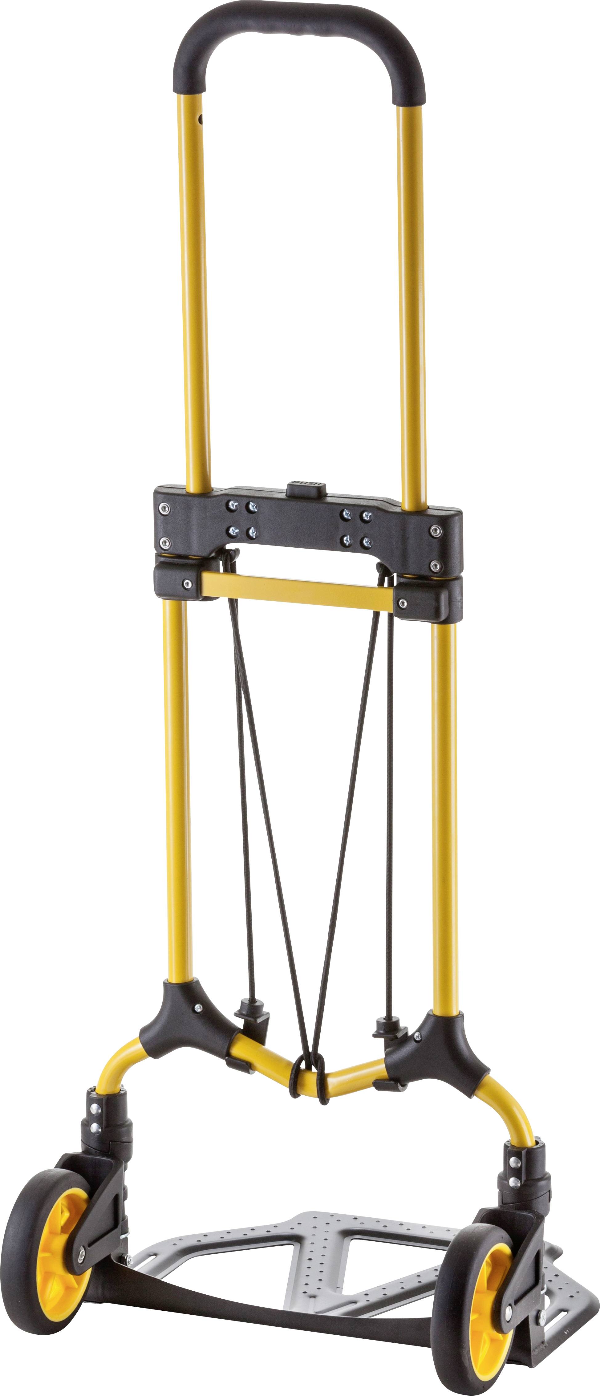 Klappbarer Handwagen aus Metall mit gelbem Rahmen und schwarzen Griffen. Geeignet für den Transport von Lasten.
