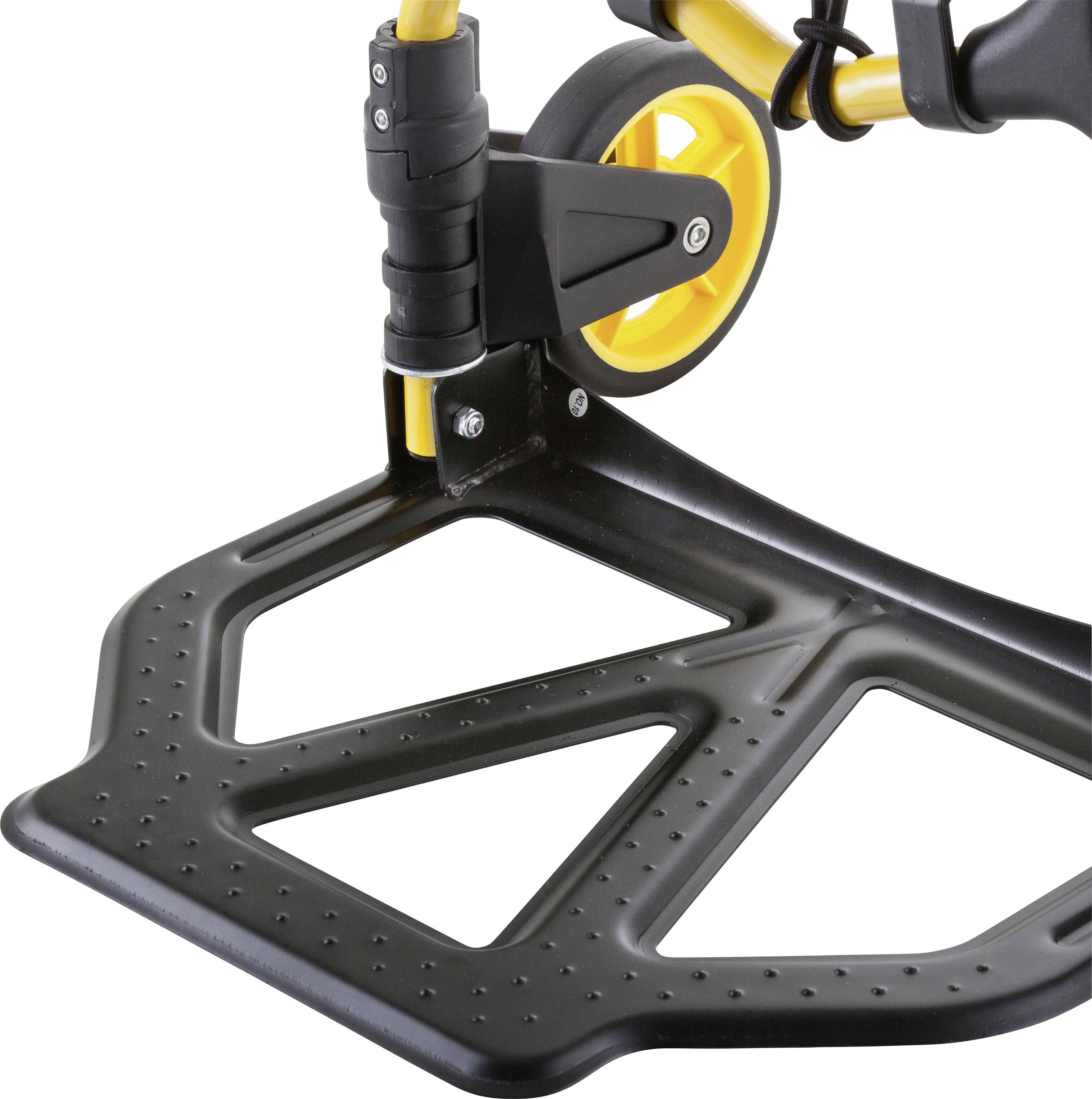 Rollstuhlfußstütze aus schwarzem Metall mit gelbem Rad. Sie zeigt eine stabile Konstruktion für sicheren Halt der Füße.