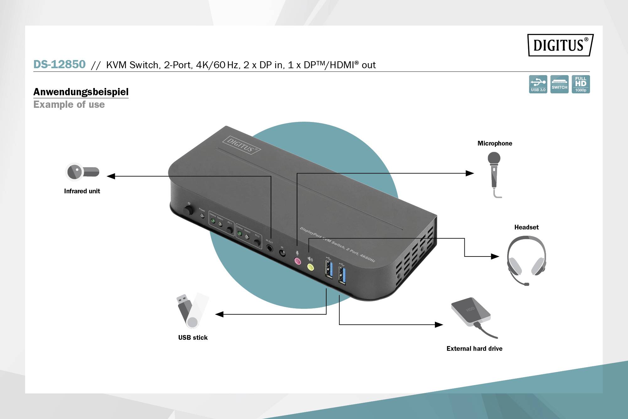 Digitus DS-12850 2+2 Port KVM-Umschalter DisplayPort®, HDMI Fernbedienung, Tastatur 3840 x 2160 Pixel