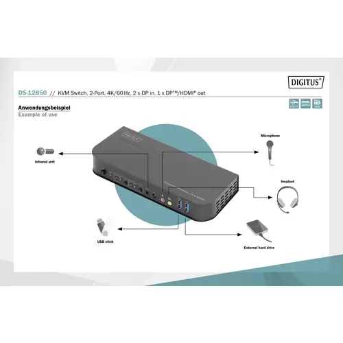Digitus DS-12850 2+2 Port KVM-Umschalter DisplayPort®, HDMI Fernbedienung, Tastatur 3840 x 2160 Pixel Digitus DS-12850 2+2 Port KVM-Umschalter DisplayPort®, HDMI Fernbedienung, Tastatur 3840 x 2160 Pixel