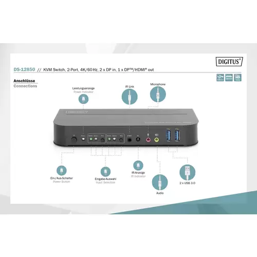 Digitus DS-12850 2+2 Port KVM-Umschalter DisplayPort®, HDMI Fernbedienung, Tastatur 3840 x 2160 Pixel Digitus DS-12850 2+2 Port KVM-Umschalter DisplayPort®, HDMI Fernbedienung, Tastatur 3840 x 2160 Pixel