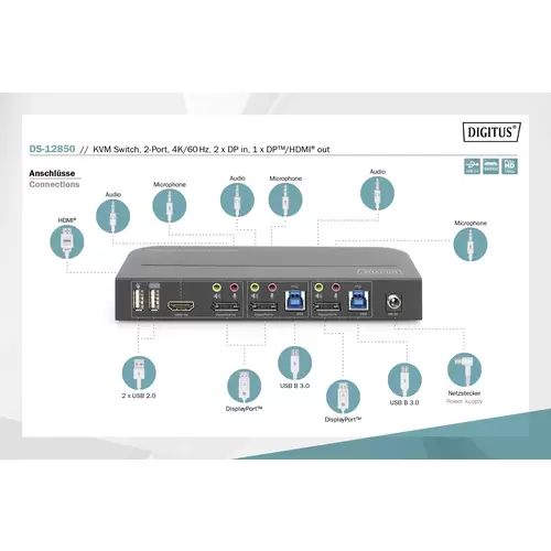 Digitus DS-12850 2+2 Port KVM-Umschalter DisplayPort®, HDMI Fernbedienung, Tastatur 3840 x 2160 Pixel Digitus DS-12850 2+2 Port KVM-Umschalter DisplayPort®, HDMI Fernbedienung, Tastatur 3840 x 2160 Pixel