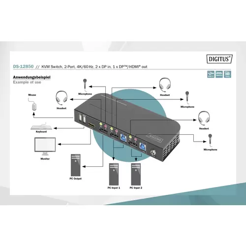 Digitus DS-12850 2+2 Port KVM-Umschalter DisplayPort®, HDMI Fernbedienung, Tastatur 3840 x 2160 Pixel Digitus DS-12850 2+2 Port KVM-Umschalter DisplayPort®, HDMI Fernbedienung, Tastatur 3840 x 2160 Pixel