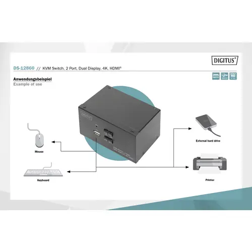 Digitus DS-12860 2+1 Port KVM-Umschalter HDMI Fernbedienung, Tastatur 3840 x 2160 Pixel Digitus DS-12860 2+1 Port KVM-Umschalter HDMI Fernbedienung, Tastatur 3840 x 2160 Pixel