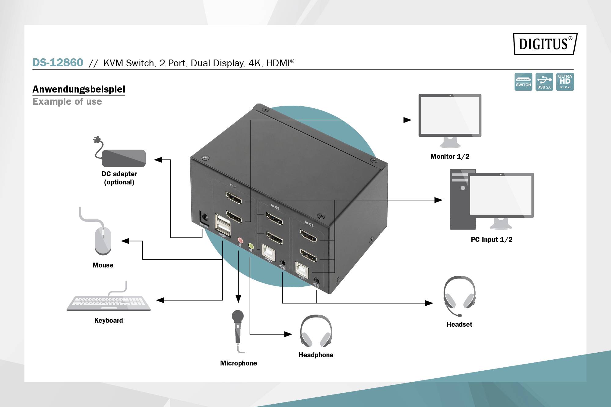 Digitus DS-12860 2+1 Port KVM-Umschalter HDMI Fernbedienung, Tastatur 3840 x 2160 Pixel