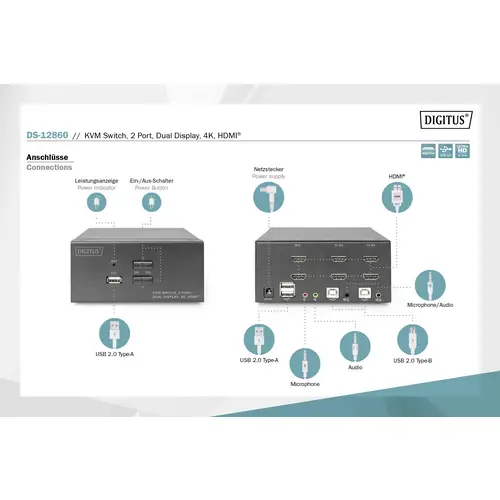 Digitus DS-12860 2+1 Port KVM-Umschalter HDMI Fernbedienung, Tastatur 3840 x 2160 Pixel Digitus DS-12860 2+1 Port KVM-Umschalter HDMI Fernbedienung, Tastatur 3840 x 2160 Pixel