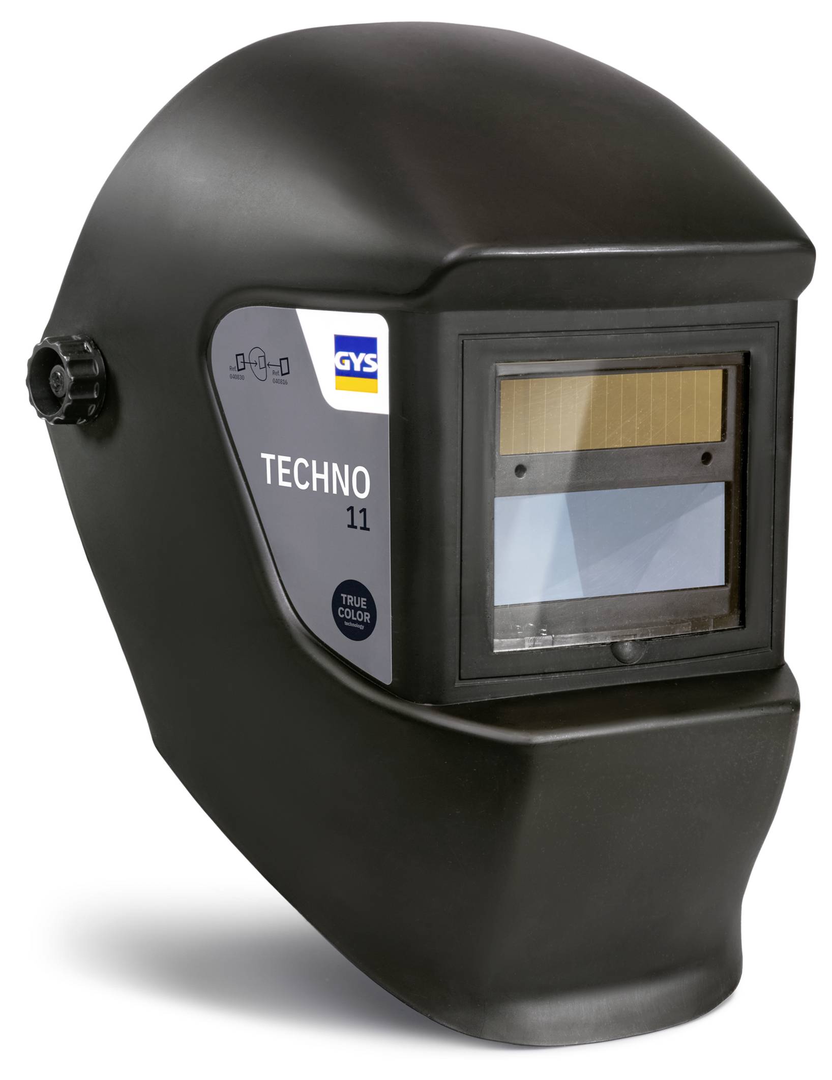 Schwarzer Schweißhelm mit Sichtfenster und Seitenknopf, beschriftet mit „TECHNO 11