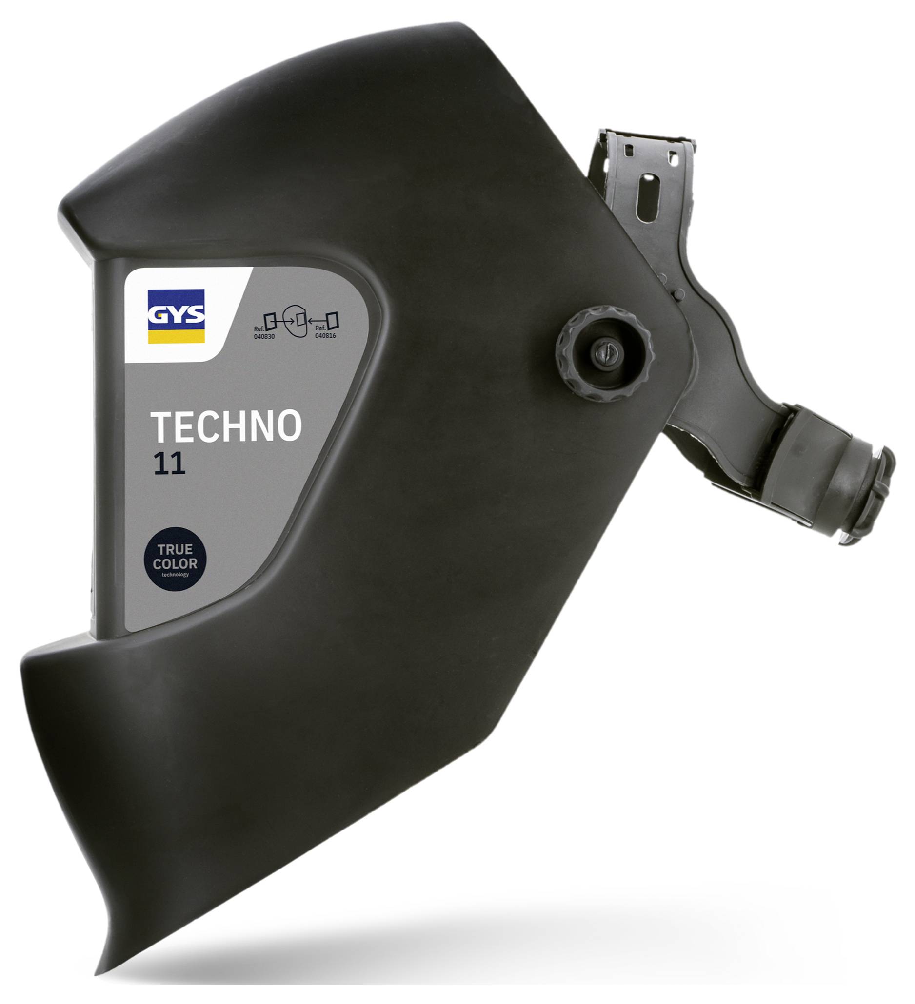 Schwarzer Schweißhelm mit seitlich montiertem automatischem Verdunkelungsfilter mit der Bezeichnung „GYS TECHNO 11