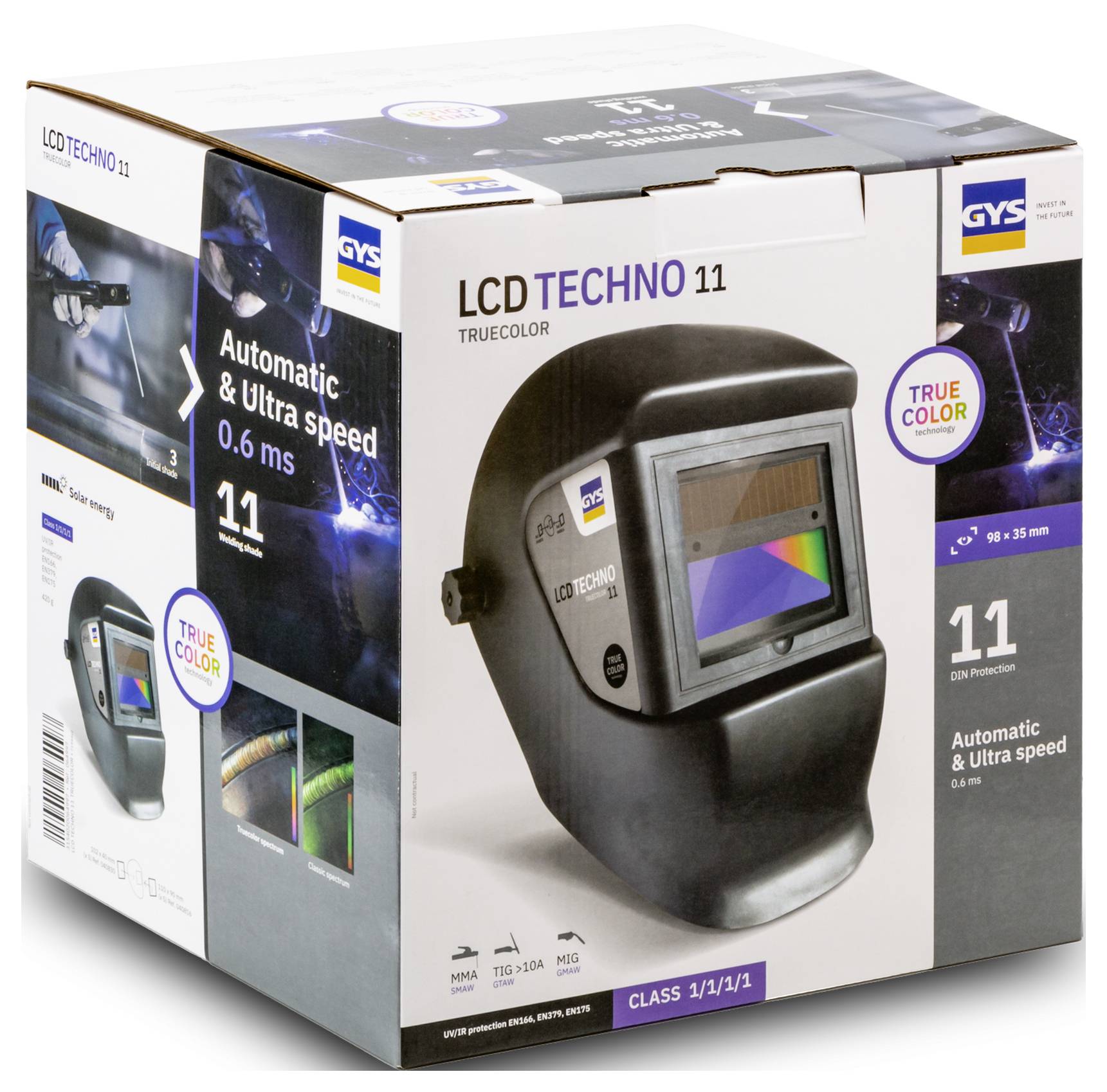 Produktbox für GYS LCD TECHNO 11 automatisches Schweißschutzschild mit echter Farbe, gekennzeichnet mit 11 DIN-Schutz und 0,6 ms Reaktionszeit.
