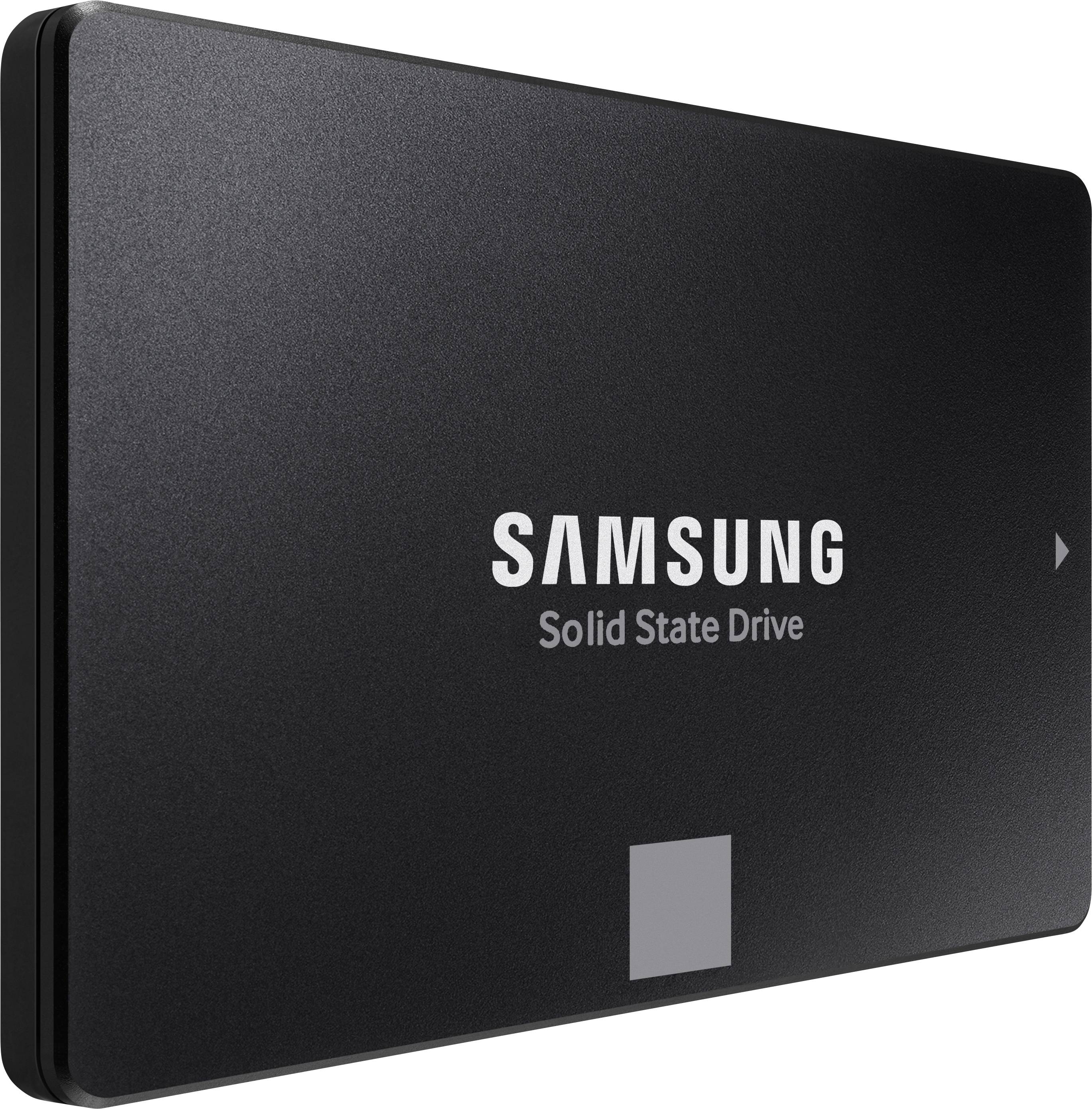 Externe Festplatte der Marke Samsung, schwarzes Design, seitliche Ansicht.