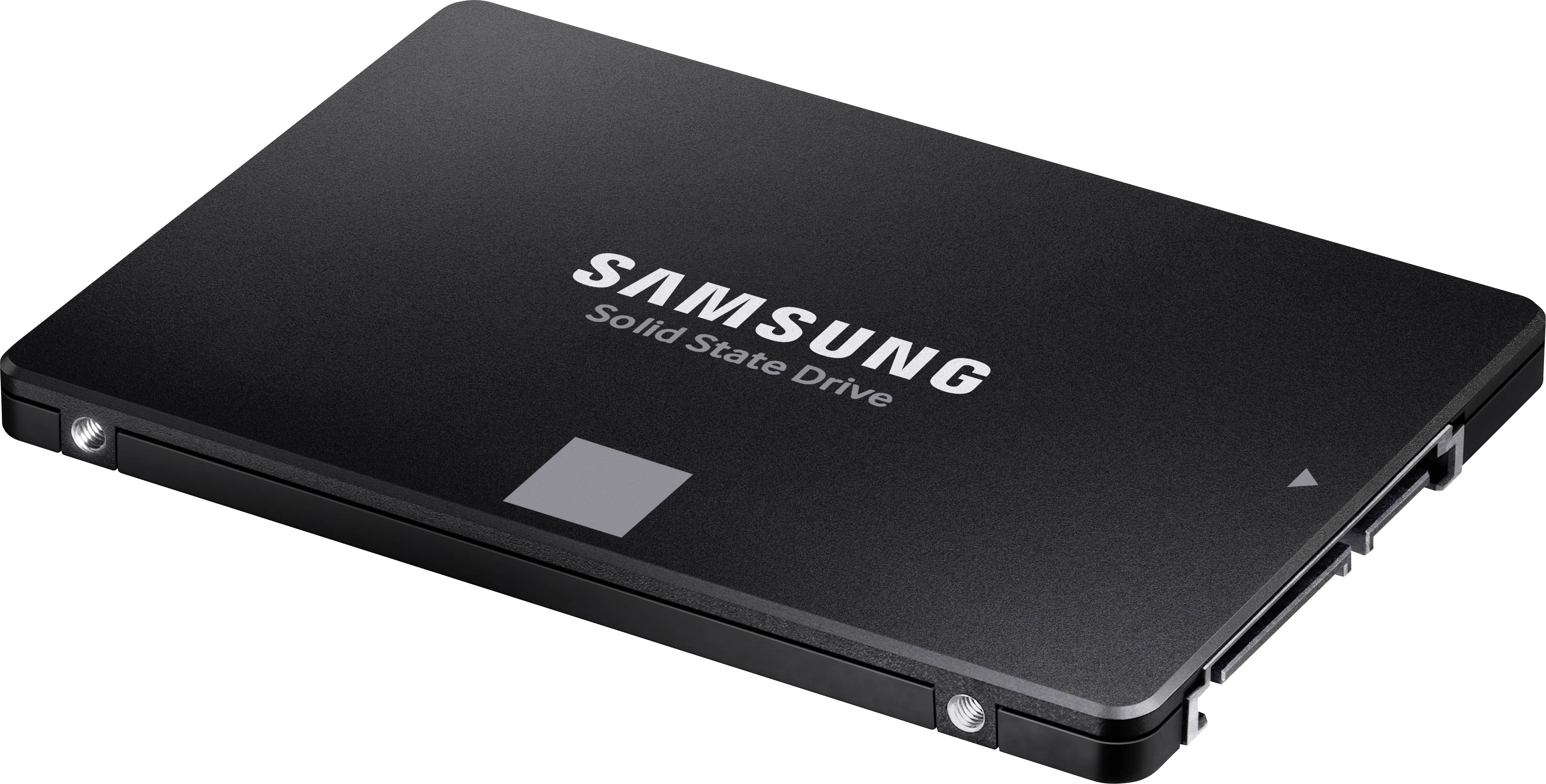 Schwarze Samsung Solid State Drive, rechteckig und flach, mit einem Anschluss an der Seite.