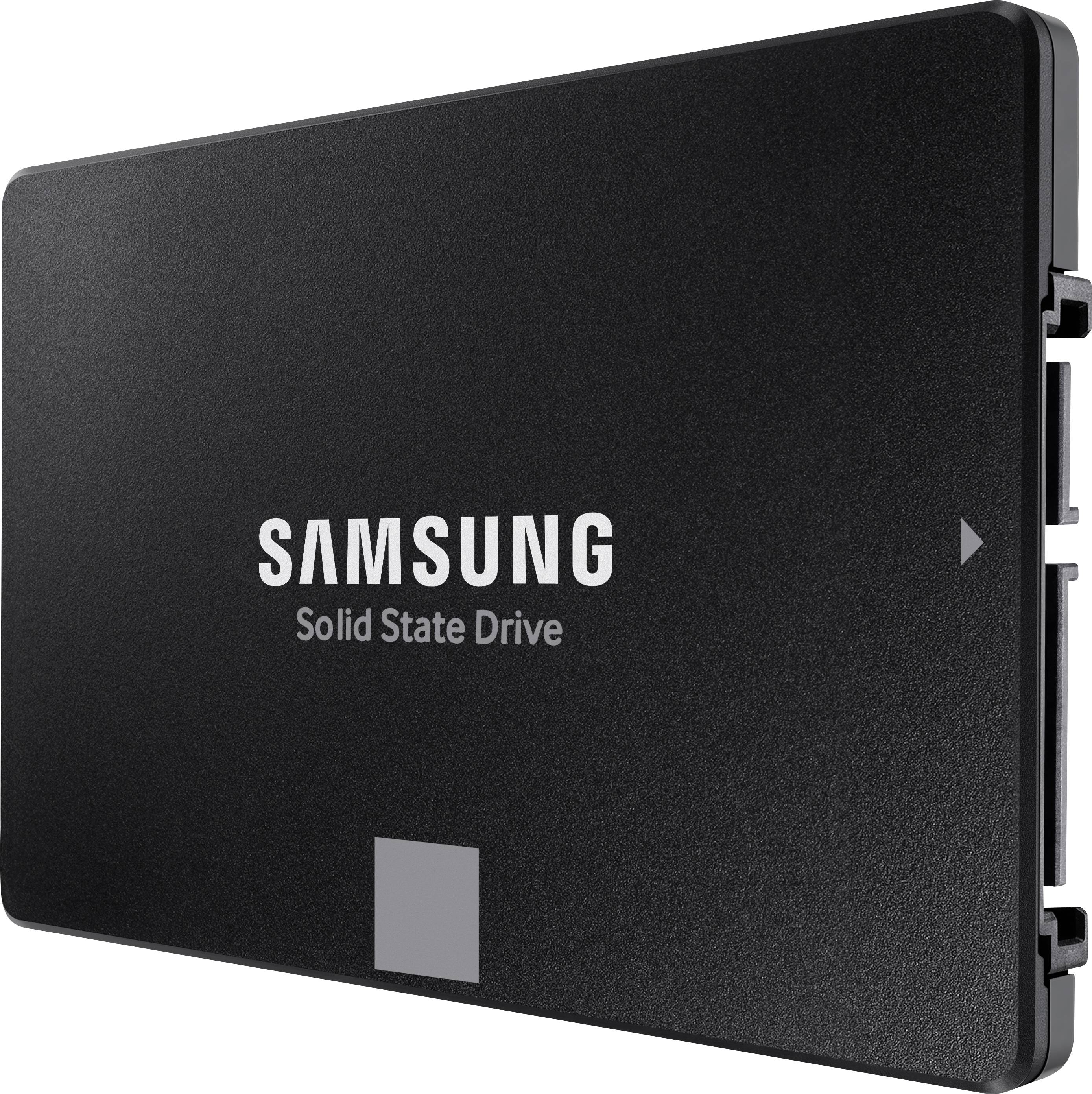 Schwarze Samsung Solid State Drive mit weißem Logo und Beschriftung.