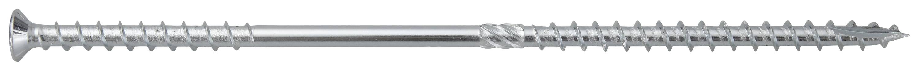 Ein silberner Holzschraube mit Flachkopf und Gewinde.