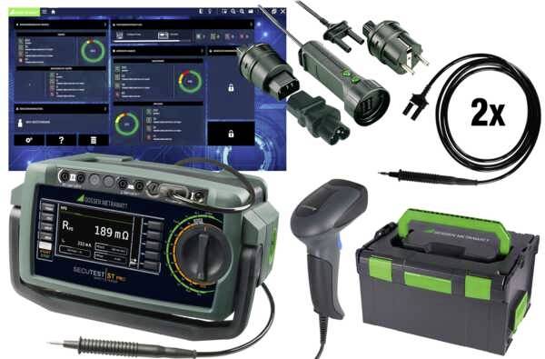 Elektrisches Testgerät im Koffer mit Zubehör: zwei Kabel, Stecker, Scanner und Bildschirm mit Testergebnisanzeige.