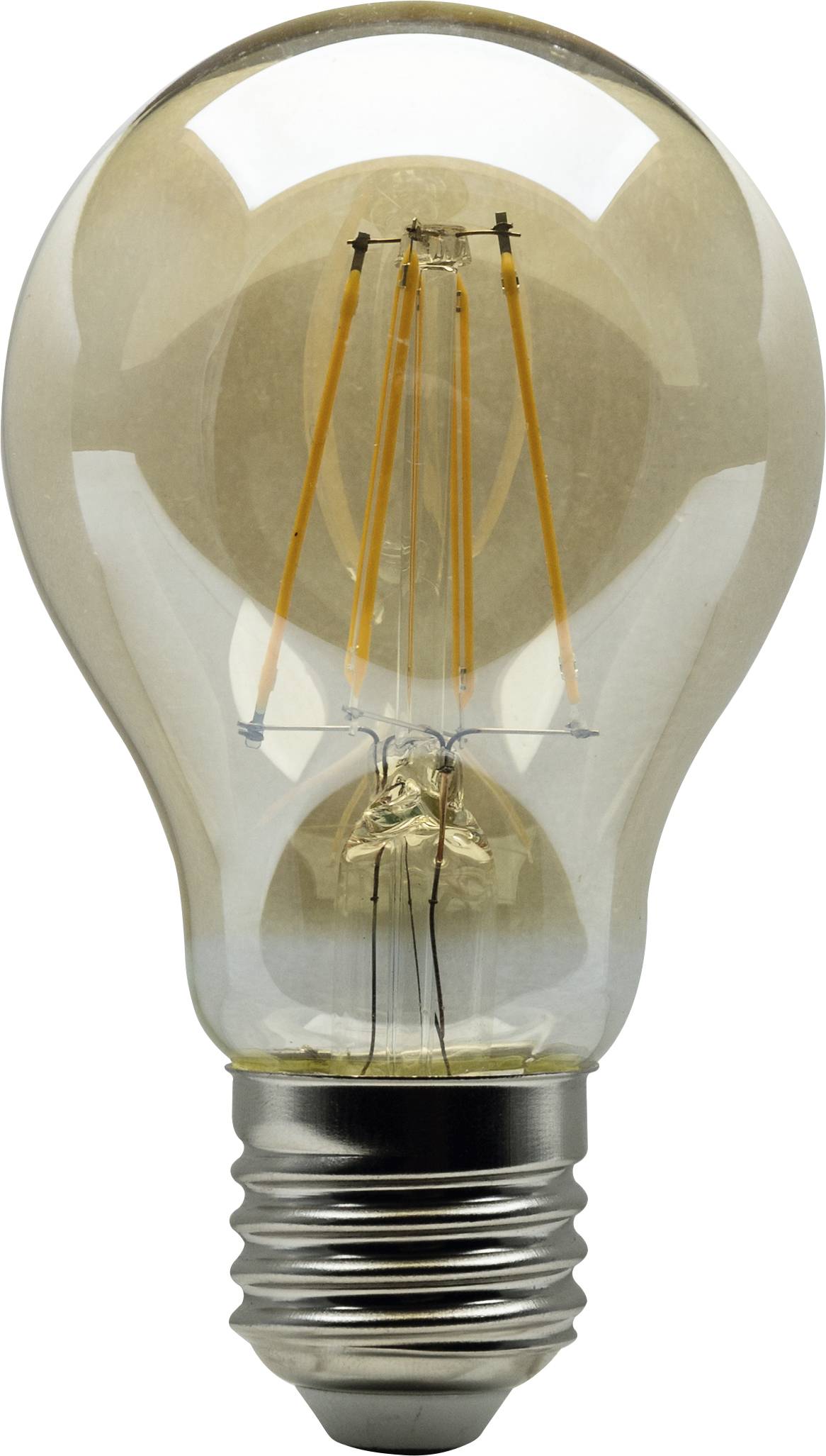 Eine Glühbirne mit sichtbarem Filament und silbernem Sockel vor weißem Hintergrund.
