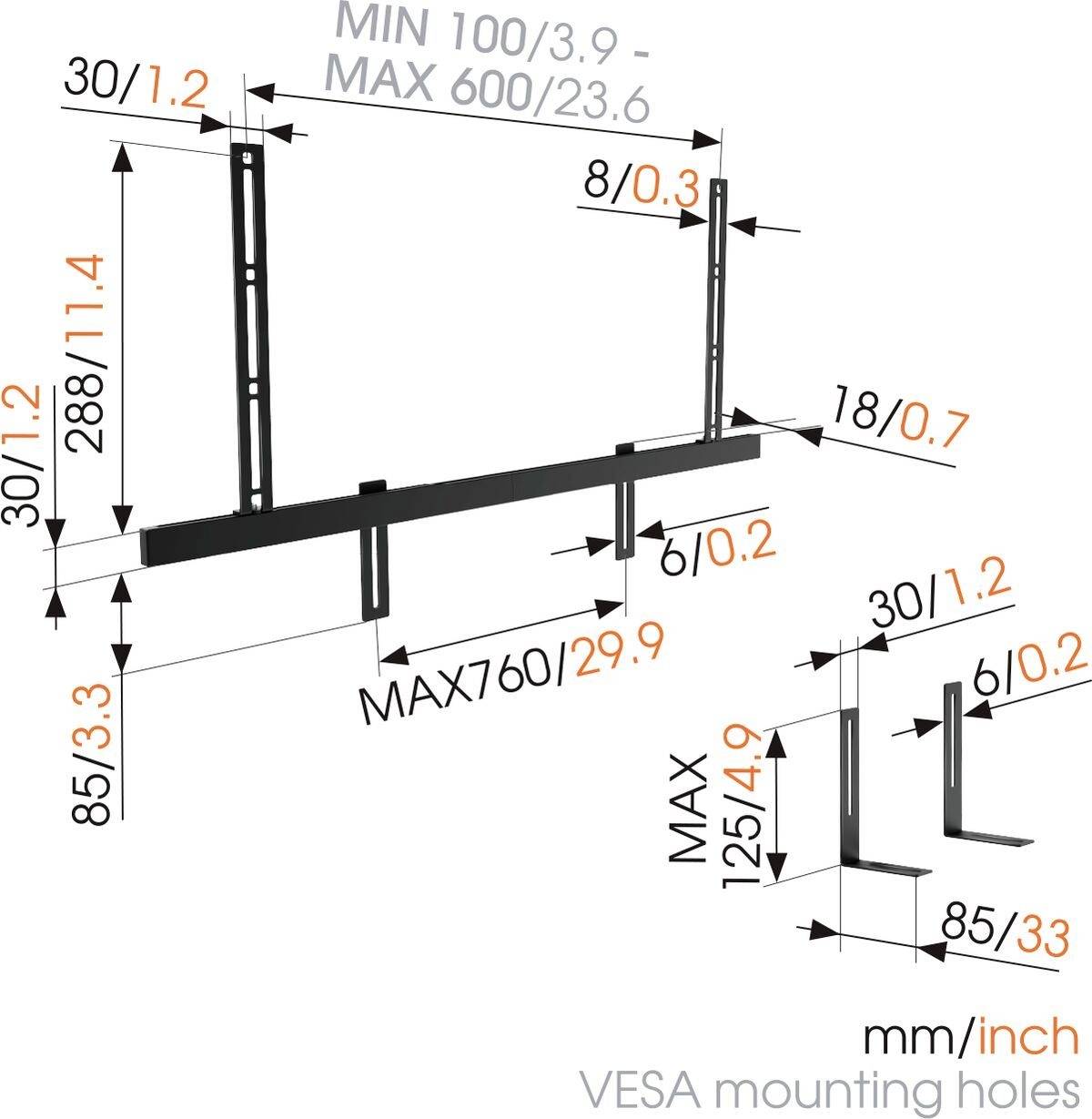 Wandmontagehalterung: Höhenbereich MIN 100-600 mm, MAX 760 mm. Seitliche Halterung 85 mm. VESA-Montagelöcher markiert, Maße in mm/inch.