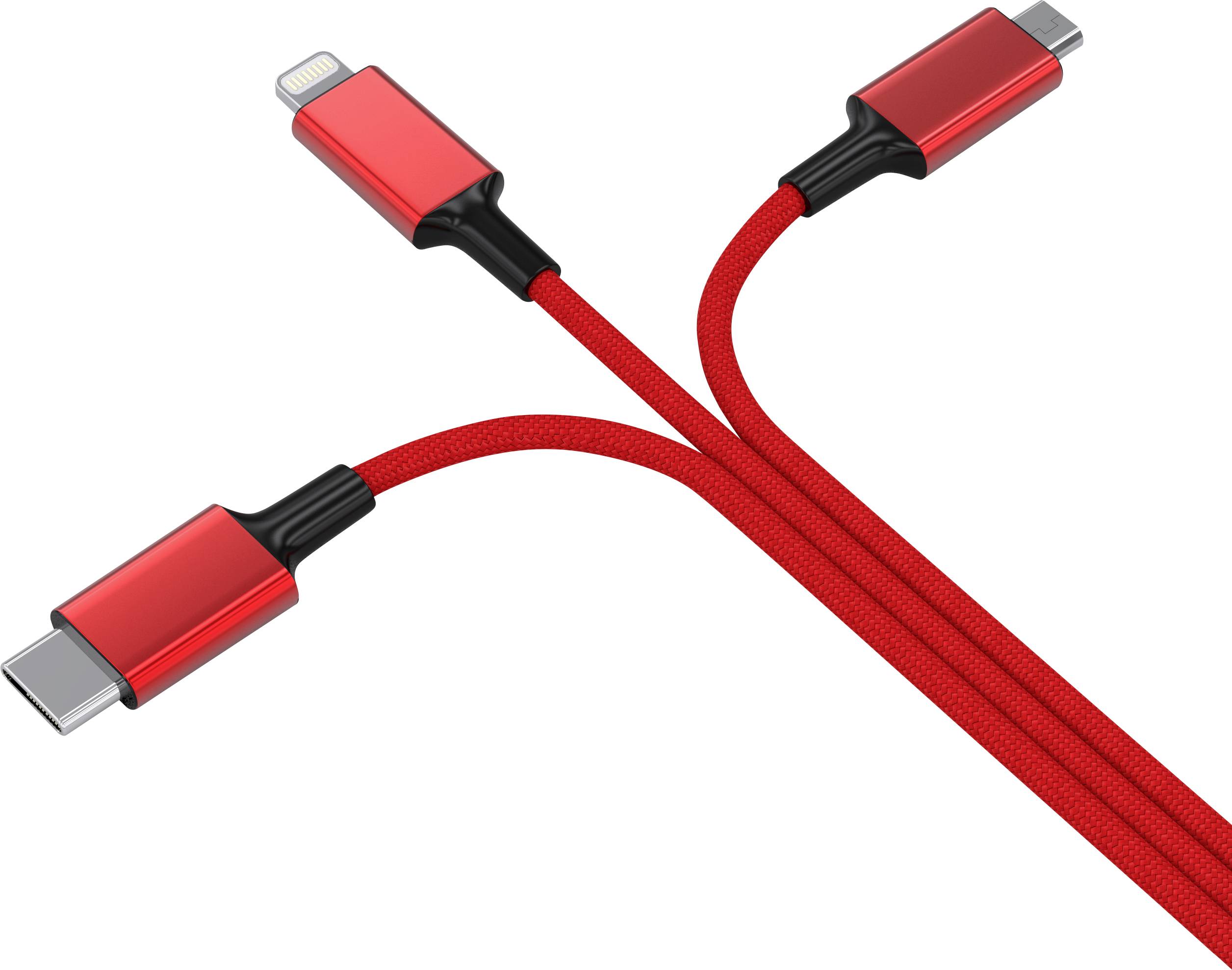Drei rote Kabel mit verschiedenen Anschlüssen: USB-C, Lightning und Micro-USB. Geeignet für mehrere Gerätetypen.