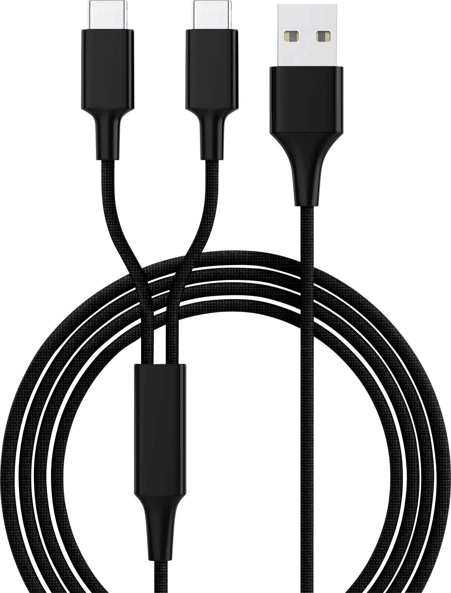 Schwarzes USB-Kabel mit zwei Anschlüssen: Typ-C und Micro-USB. Dreifach verzweigt, zeigt Anschlussflexibilität und Vielseitigkeit.