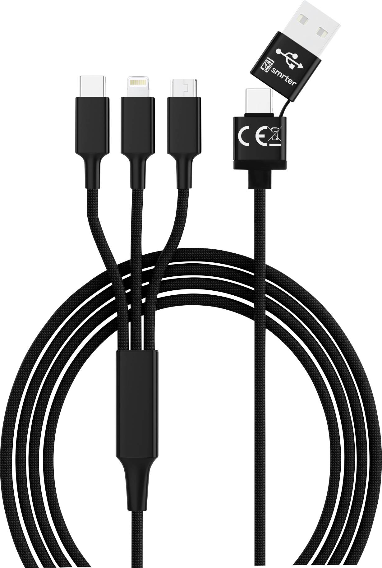 Ein schwarzes Mehrfachladekabel mit USB-Anschluss auf der einen Seite und vier verschiedenen Anschlüssen auf der anderen Seite.