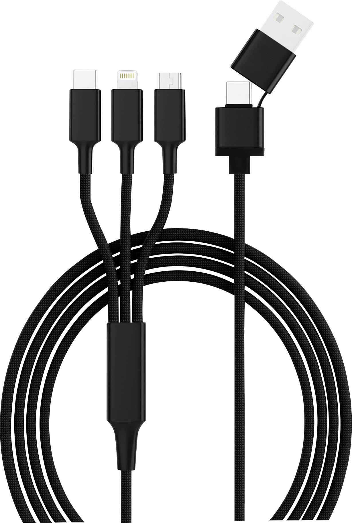 Schwarzes Ladekabel mit vier Anschlüssen: USB-C, Lightning, Micro-USB und eine Standard-USB-Verbindung. Ideal für mehrere Geräte.