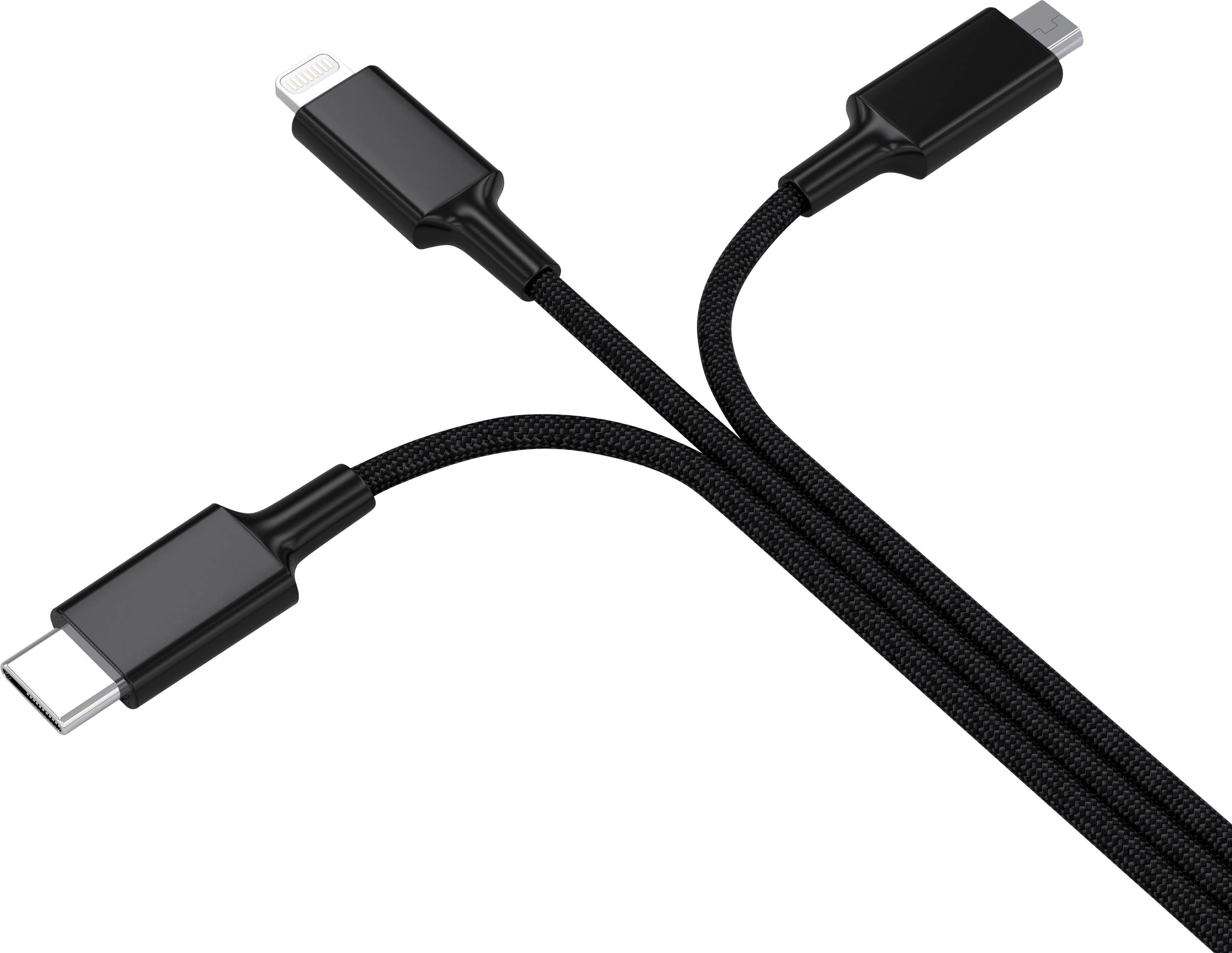 Drei miteinander verbundene Ladekabel: USB-C, Micro-USB und Lightning. Schwarz mit geflochtenem Design, auf weißem Hintergrund.