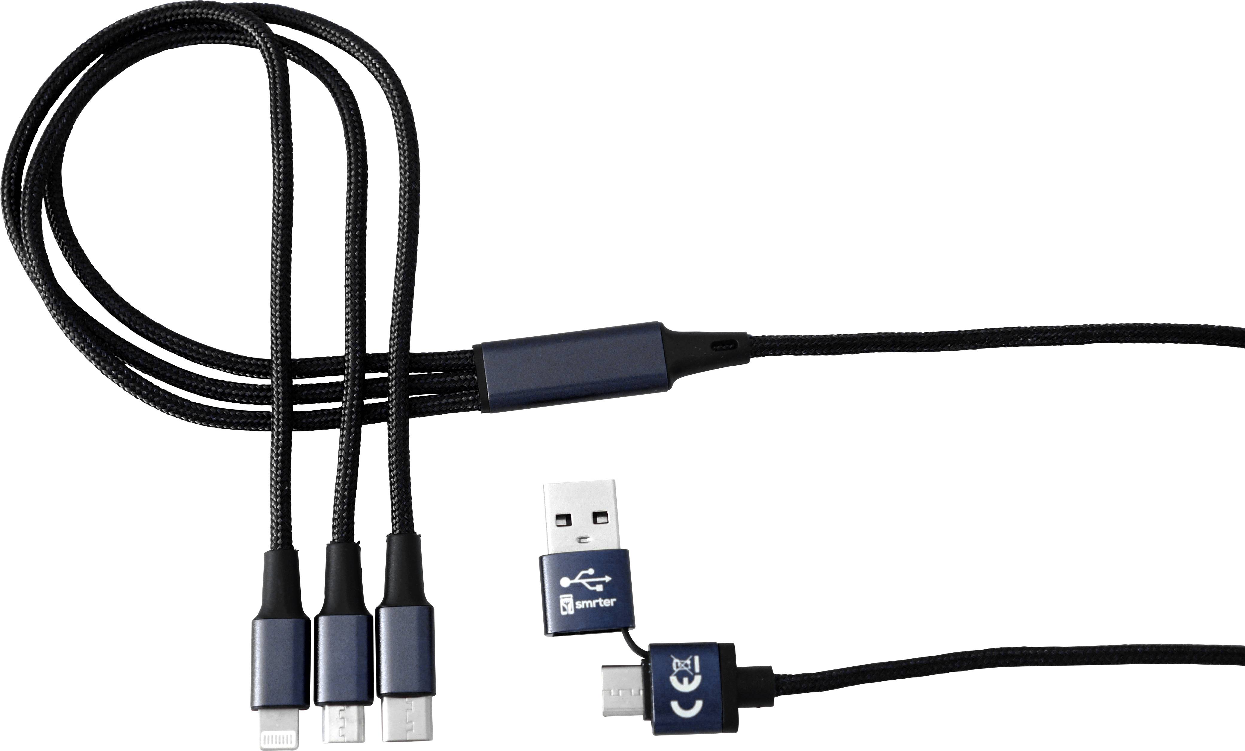 Dreifaches USB-Ladekabel mit Lightning, USB-C und Micro-USB Anschlüssen und einem USB-Anschluss zur Stromversorgung.