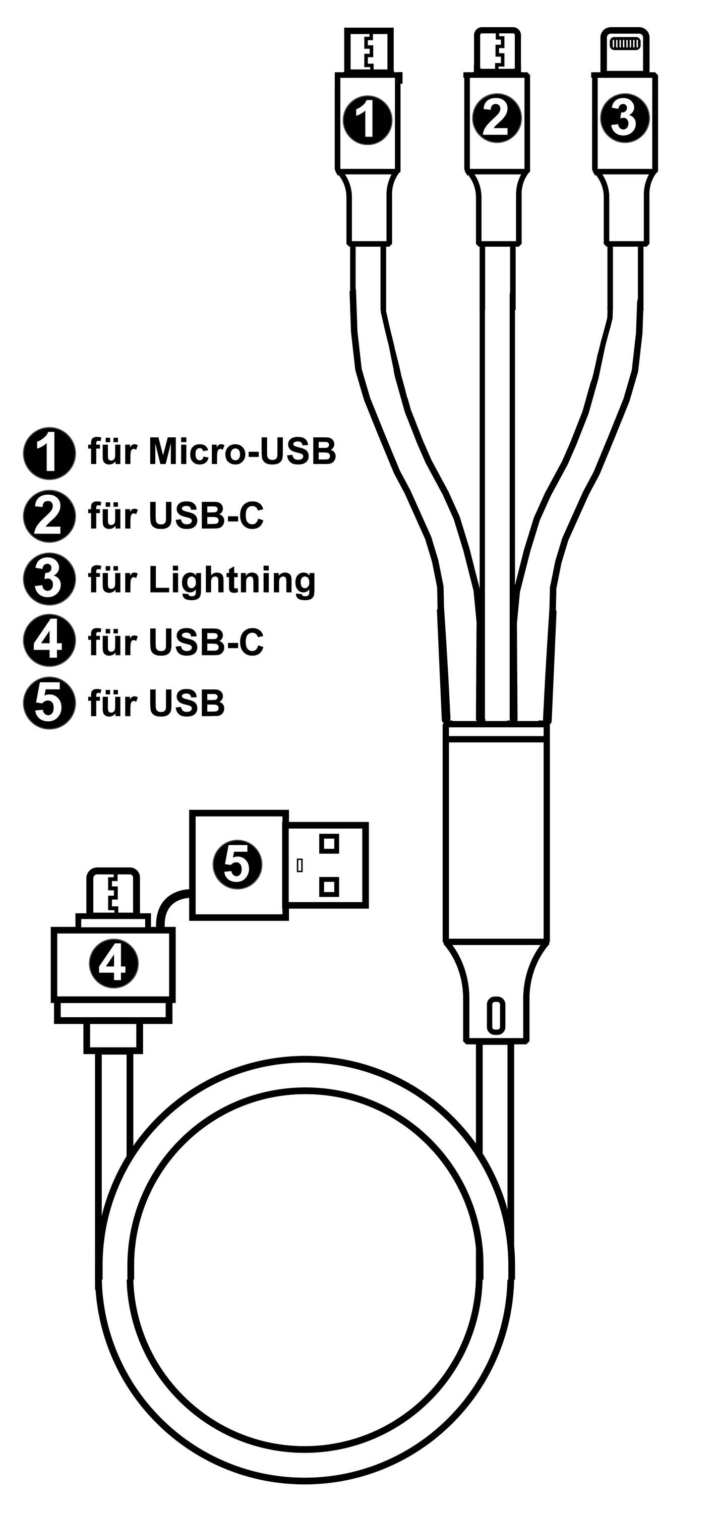 Ein Kabel mit fünf Anschlüssen: Micro-USB, USB-C, Lightning, USB-C und USB. Diagramm zeigt, welcher Anschluss zu welchem Gerätetyp passt.