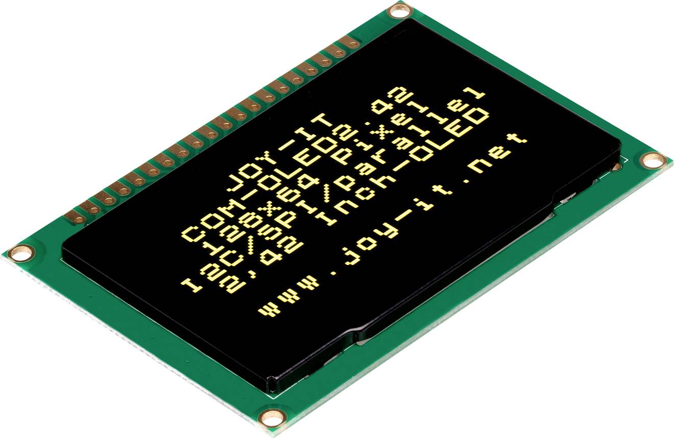OLED-Display-Modul mit gelbem Text auf schwarzem Hintergrund. Aufschrift: 'JOY-iT COM: I2C, 42', '28x64 Pixel', '0.42 Inch OLED'.