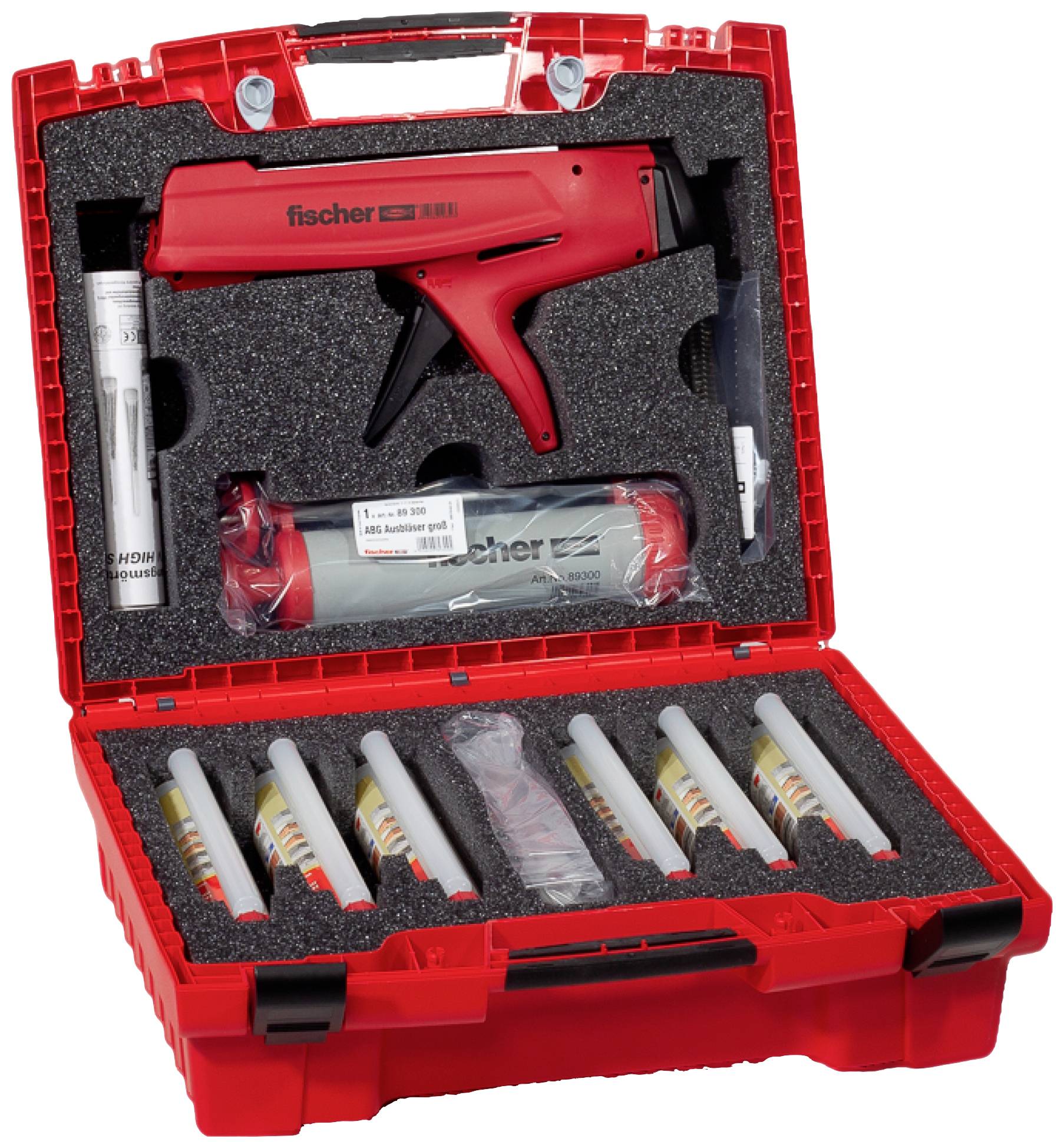 Ein roter Kunststoffkoffer zeigt eine Montageset mit einer Kartuschenpistole und mehreren Dübeln in Schaumeinlagen, zur Wandmontage.