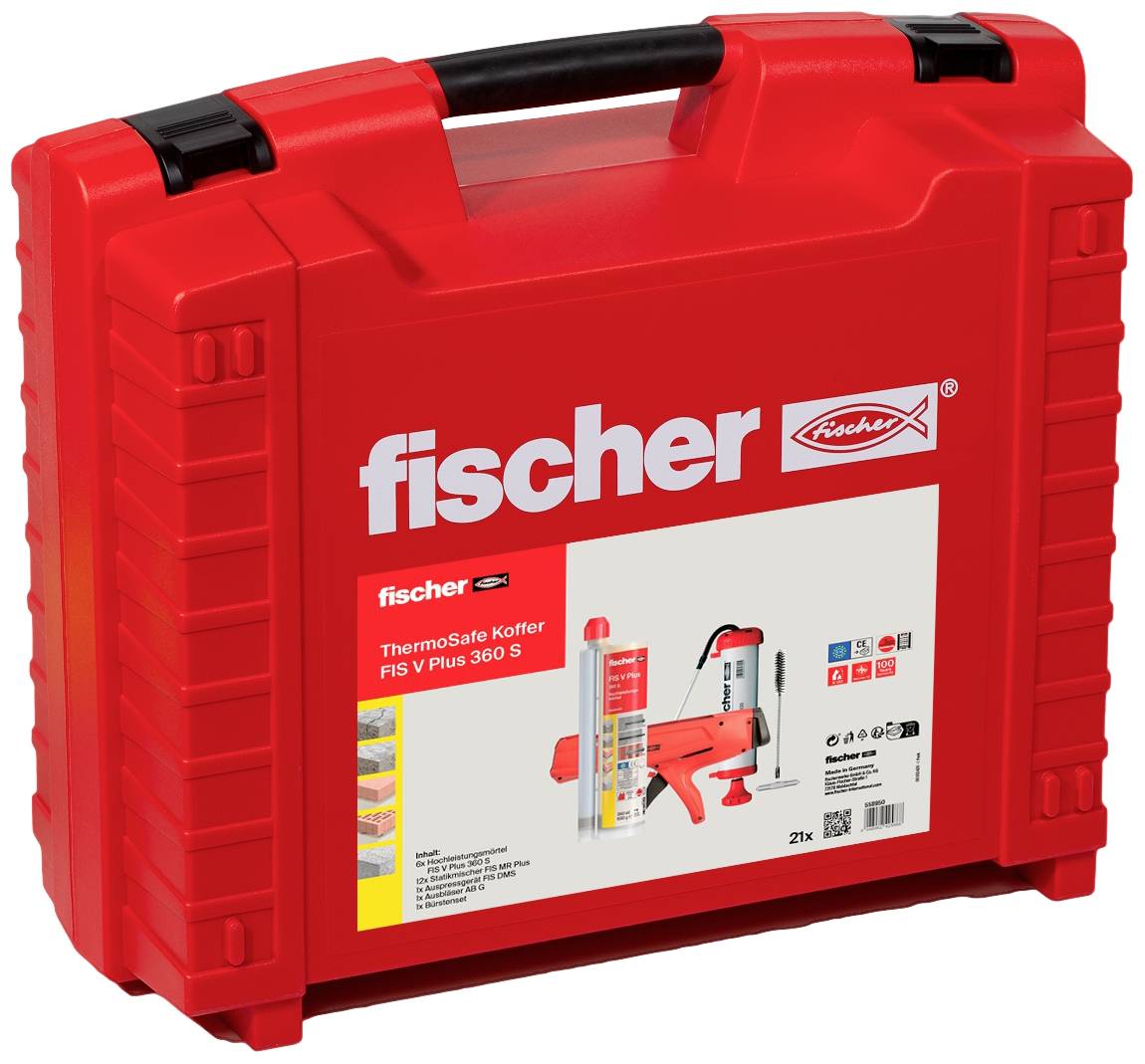 Roter Werkzeugkoffer von Fischer mit Aufschrift 'ThermoSafe Koffer FIS V Plus 360 S', Abbildung einer Injektionspistole und Kartuschen.