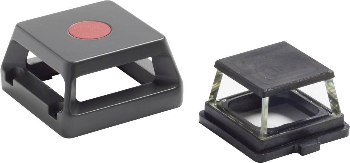 Zwei quadratische Kunststoffteile, die übereinander gestapelt werden können. Das obere Teil hat rote Markierungen.