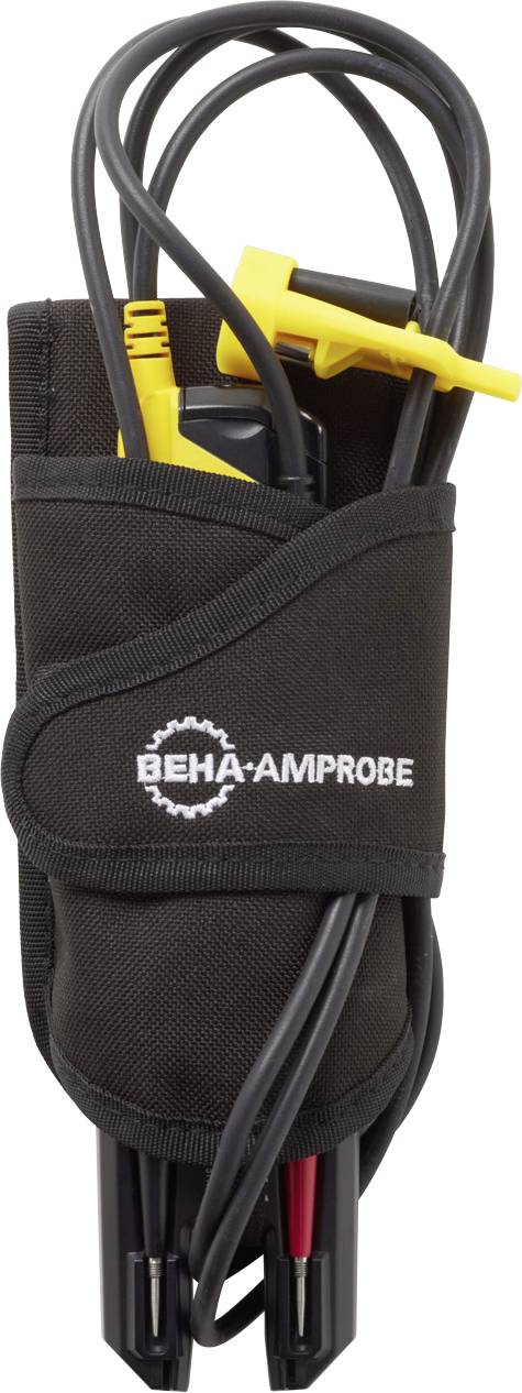 Ein Beha Amprobe Spannungsprüfer in einer schwarzen Stofftasche mit gelben und schwarzen Kabeln, geeignet für elektrische Messungen.