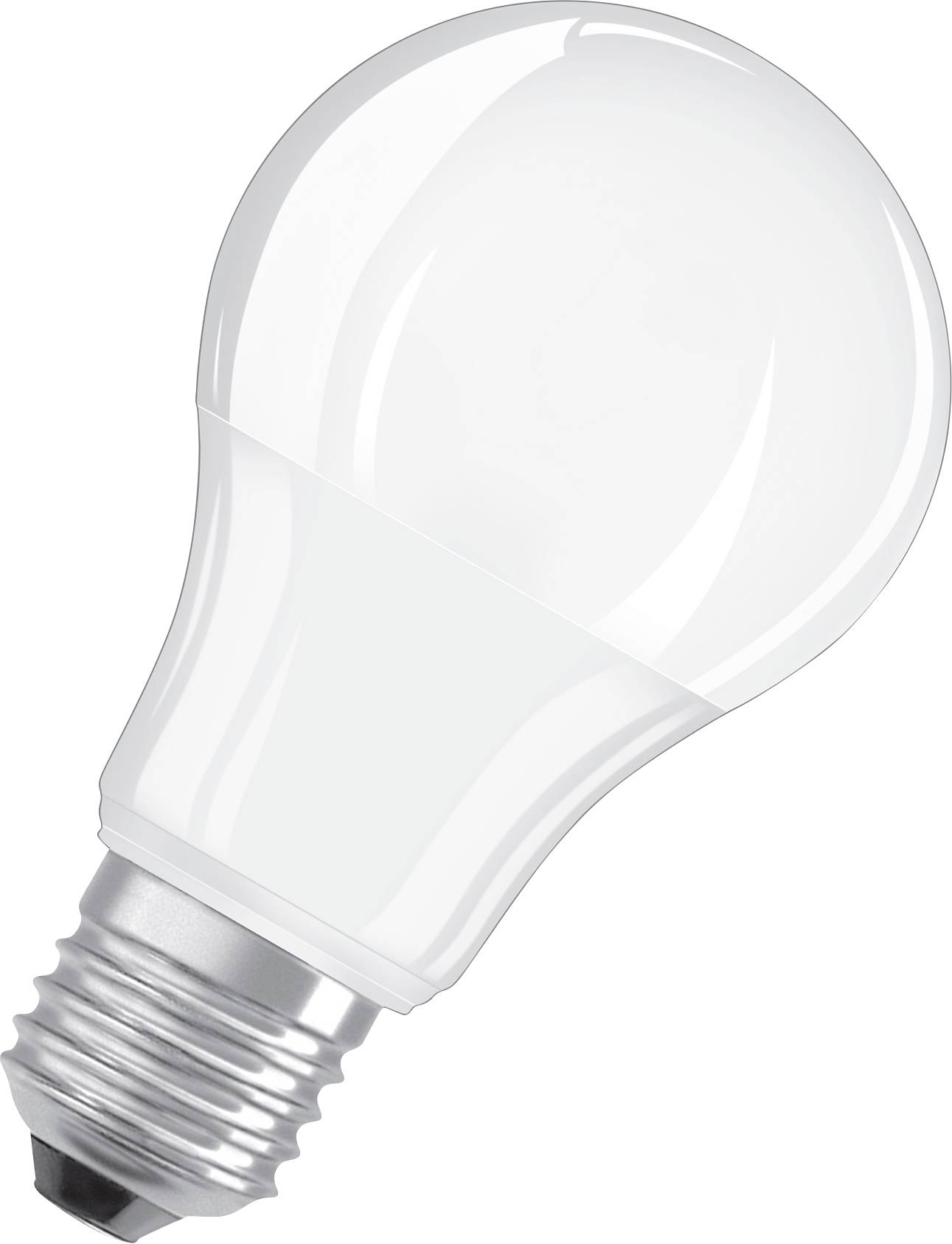 Eine LED-Glühbirne in Weiß zeigt den Schraubsockel unten und die durchscheinende, gewölbte Kappe.