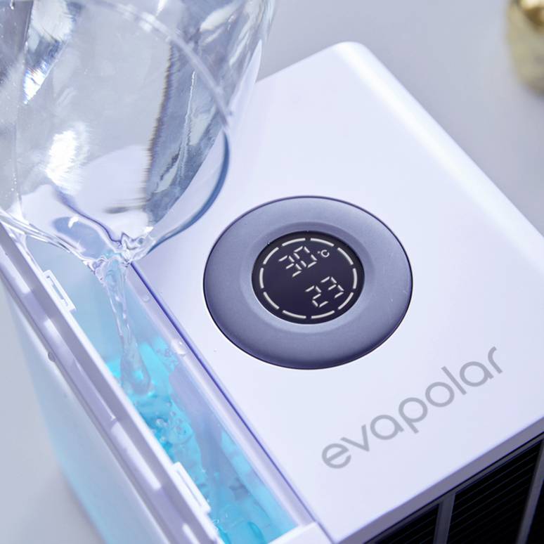 Ein Glas Wasser wird in einen Luftbefeuchter gegossen. Auf dem Display des Geräts zeigt es 30°C und 49% Luftfeuchtigkeit an.