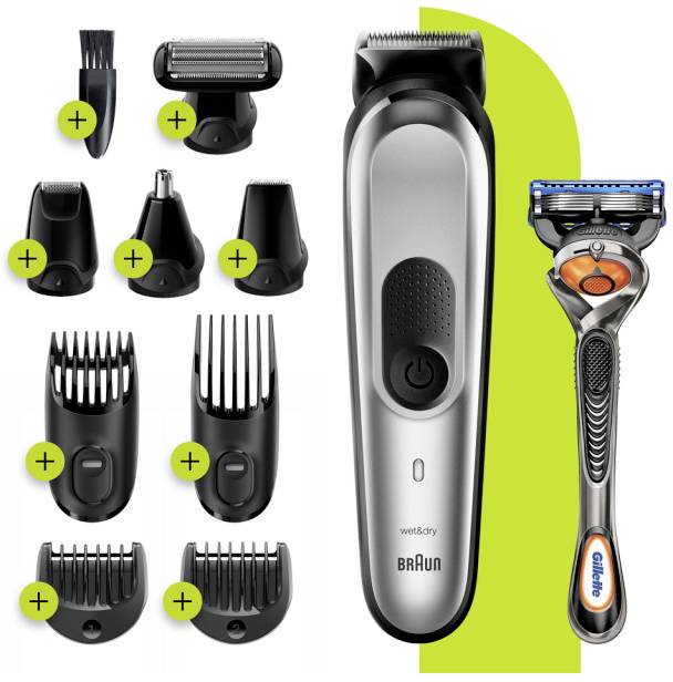 Braun MultiGroomingKit MGK7220 Bartschneider, Haarschneider, Körperhaartrimmer, Ohr-, Nasenhaartrimmer, Präzisions Trimmer, Rasierer abwaschbar Silb
