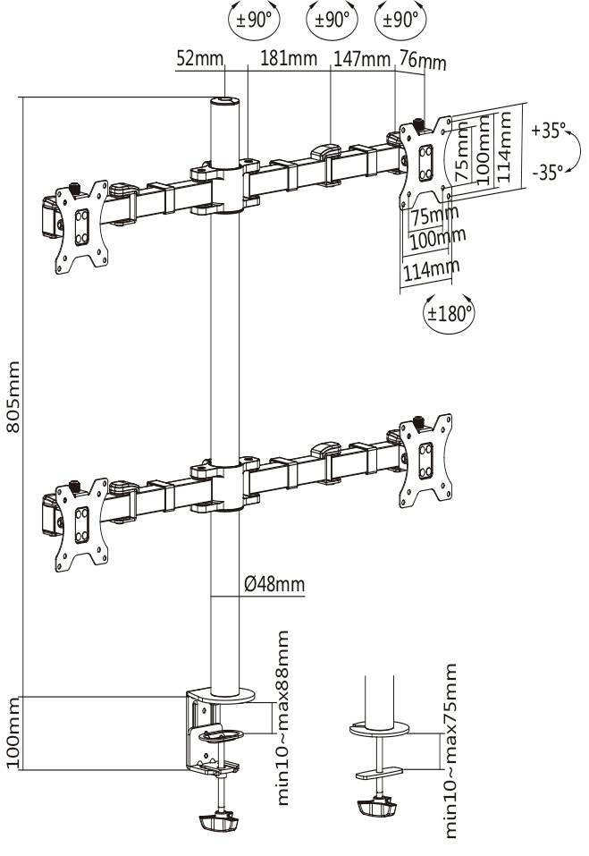 Montageanleitung für eine doppelte Monitorhalterung. Maße in Millimetern: 52-181-147-76, Höhe 805, Durchmesser 48. Neigungswinkel +35/-35 Grad.