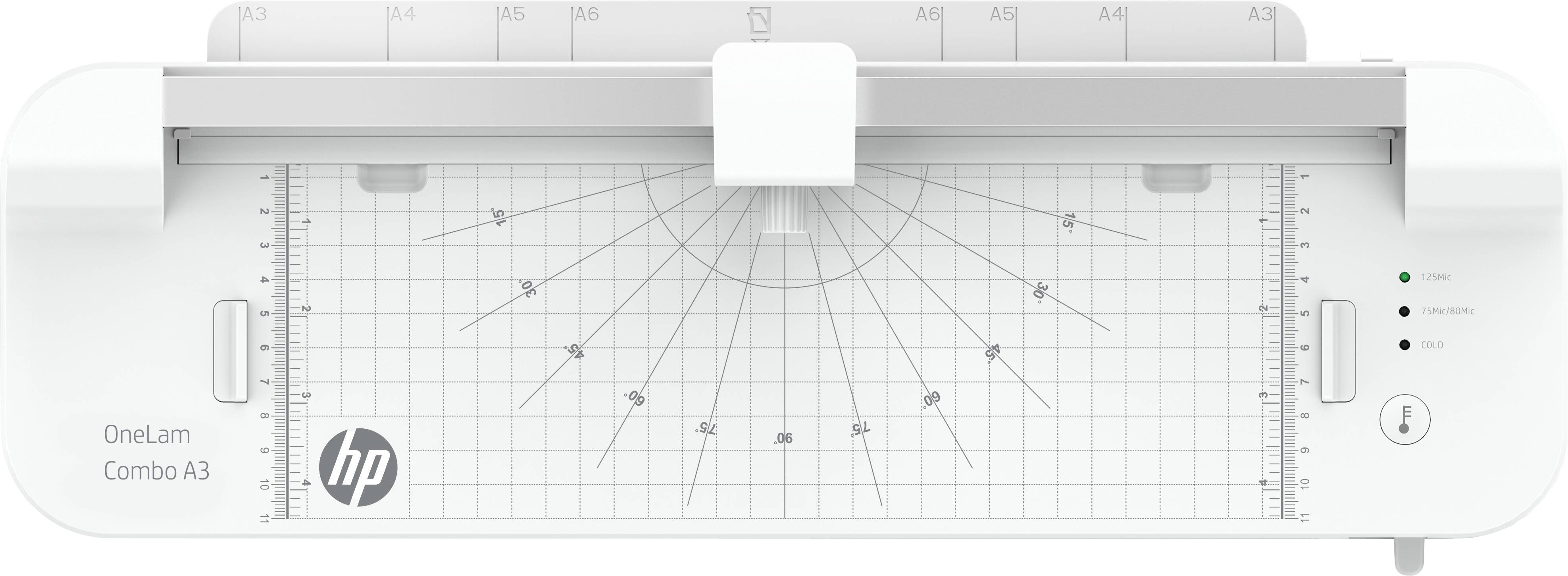 HP OneLam Combo A3 Laminiergerät mit Schnittführung, Linien und Winkeln auf der Oberfläche. Weiße Farbe mit silbernen Akzenten.