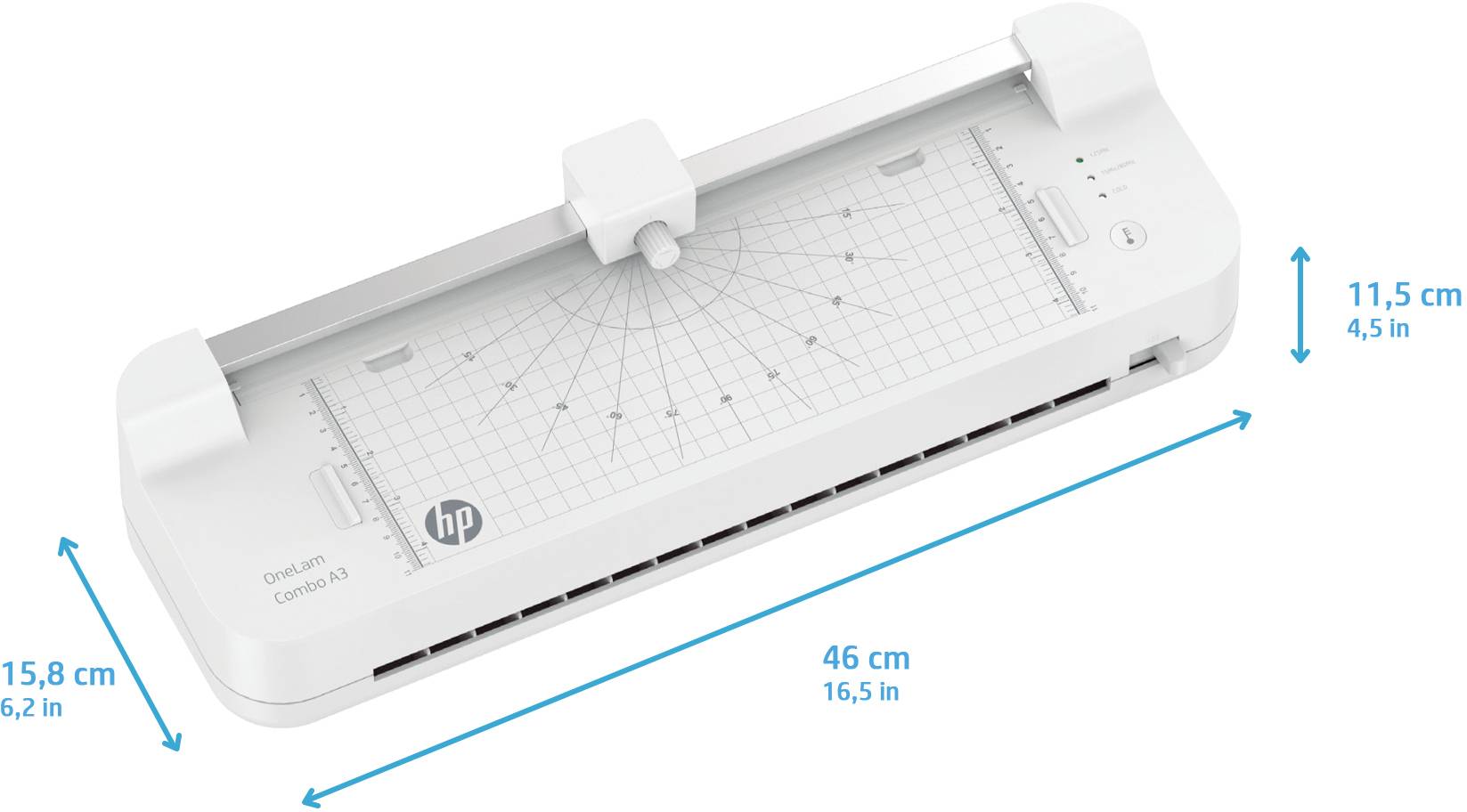 Ein weißer Drucker mit einer Breite von 46 cm, Höhe von 11,5 cm und Tiefe von 15,8 cm. Der Name 'HP' und Modellangaben sind sichtbar.