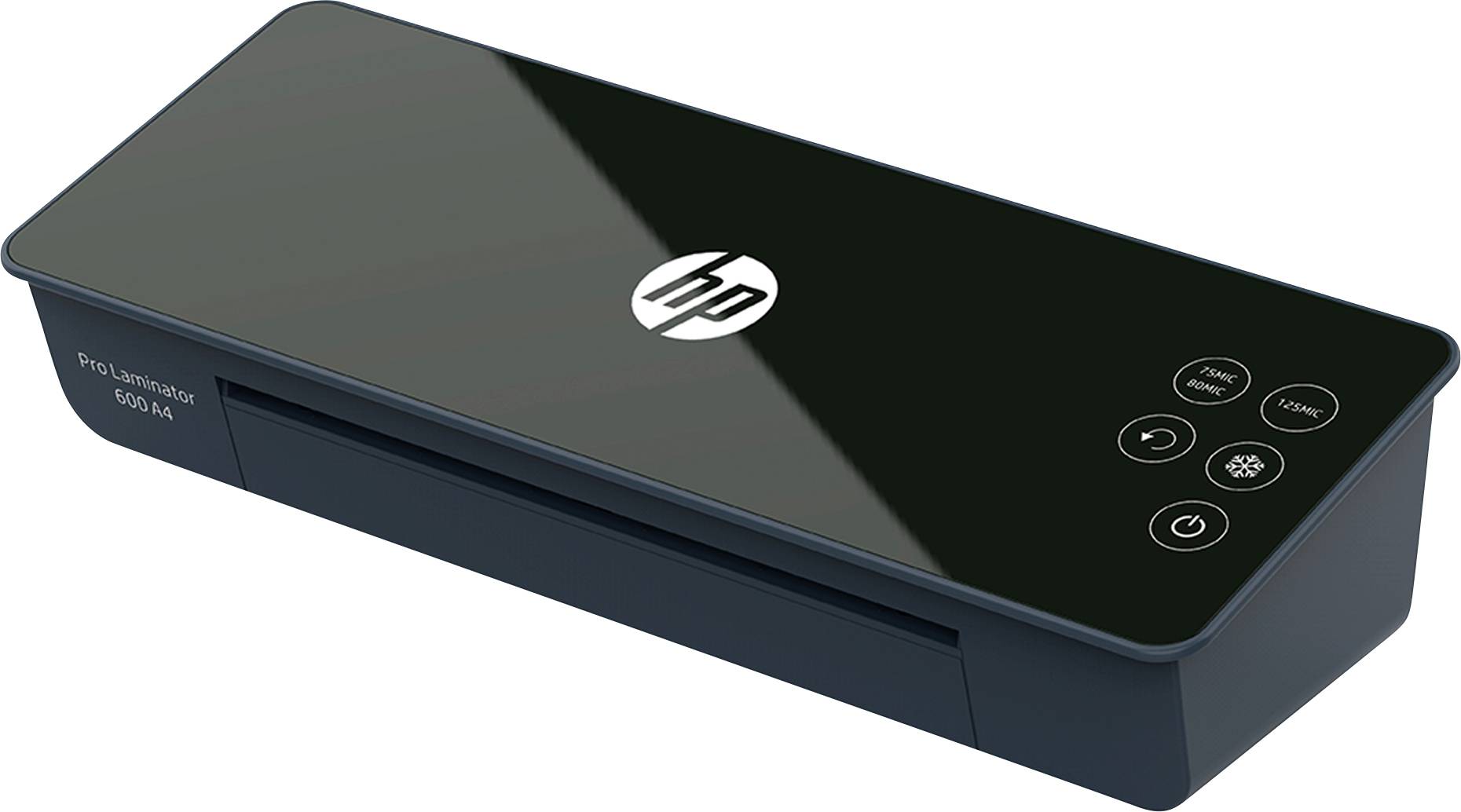 Ein schwarzes Laminiergerät mit dem Logo 'HP' auf der Oberseite. Bedienelemente für 'Power', 'Werkzeuge' und 'Zurück' sind rechts sichtbar.